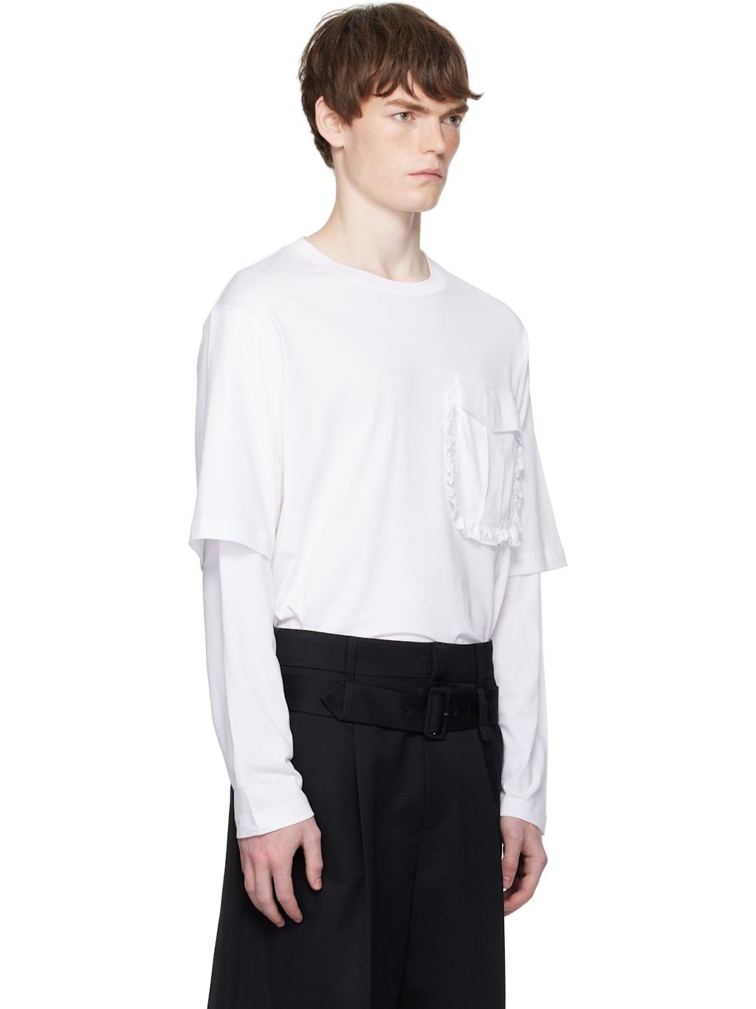 White Layered Ruffle Pocket Long Sleeve T-shirt - 2