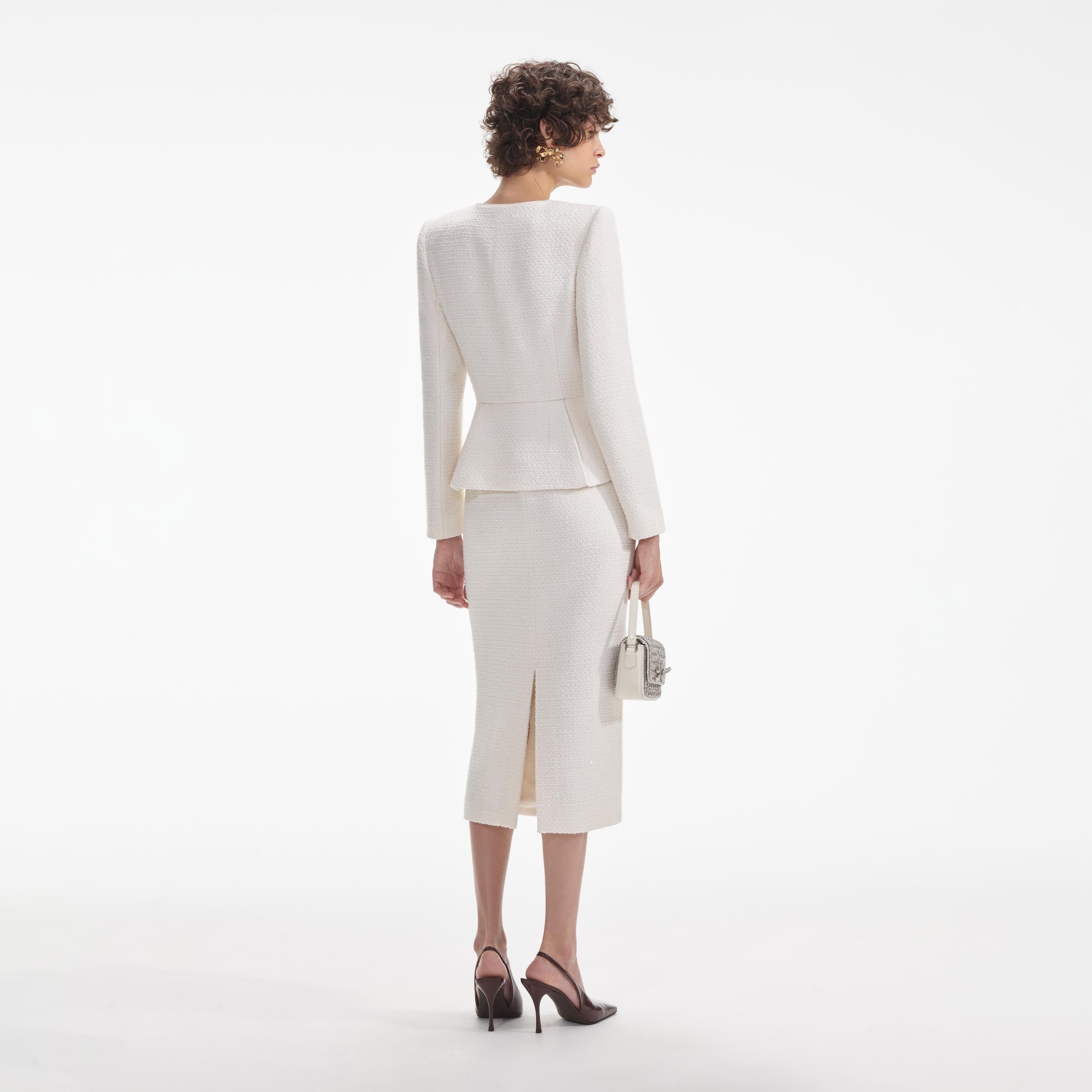 self-portrait Cream Tinsel Boucle Midi Dress | REVERSIBLE