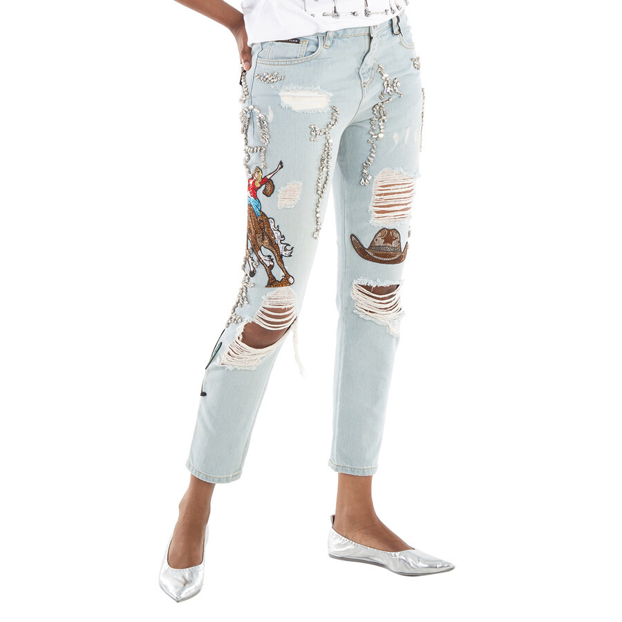 Philipp Plein Boyfriend Cowboy Patch-Embellished Jeans, Waist Size 26" - 4