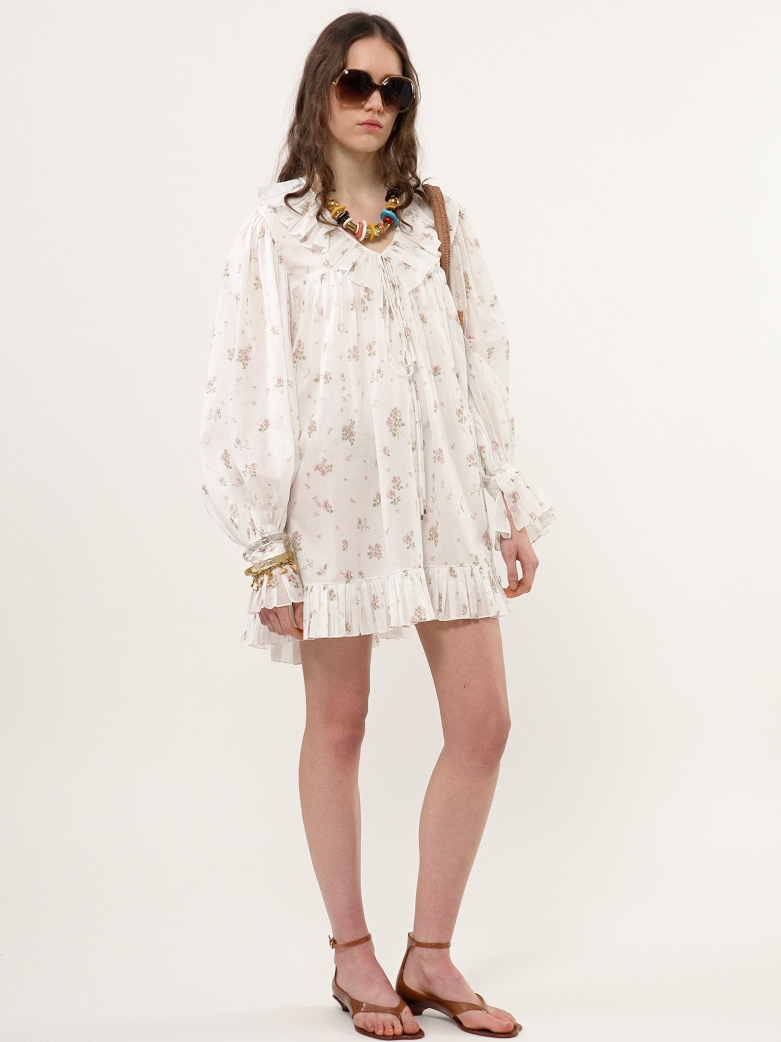 GATHERED LONG-SLEEVE MINI DRESS IN COTTON VOILE - 5