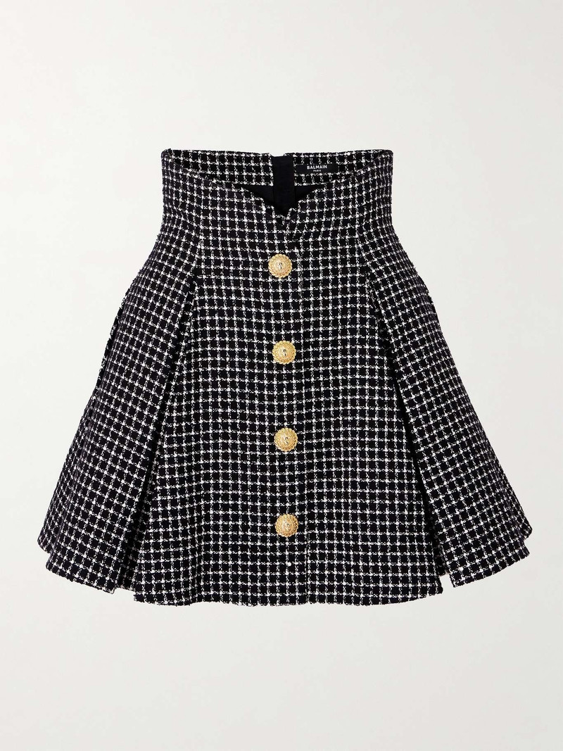 Vichy button-embellished cotton-blend tweed mini skirt 1