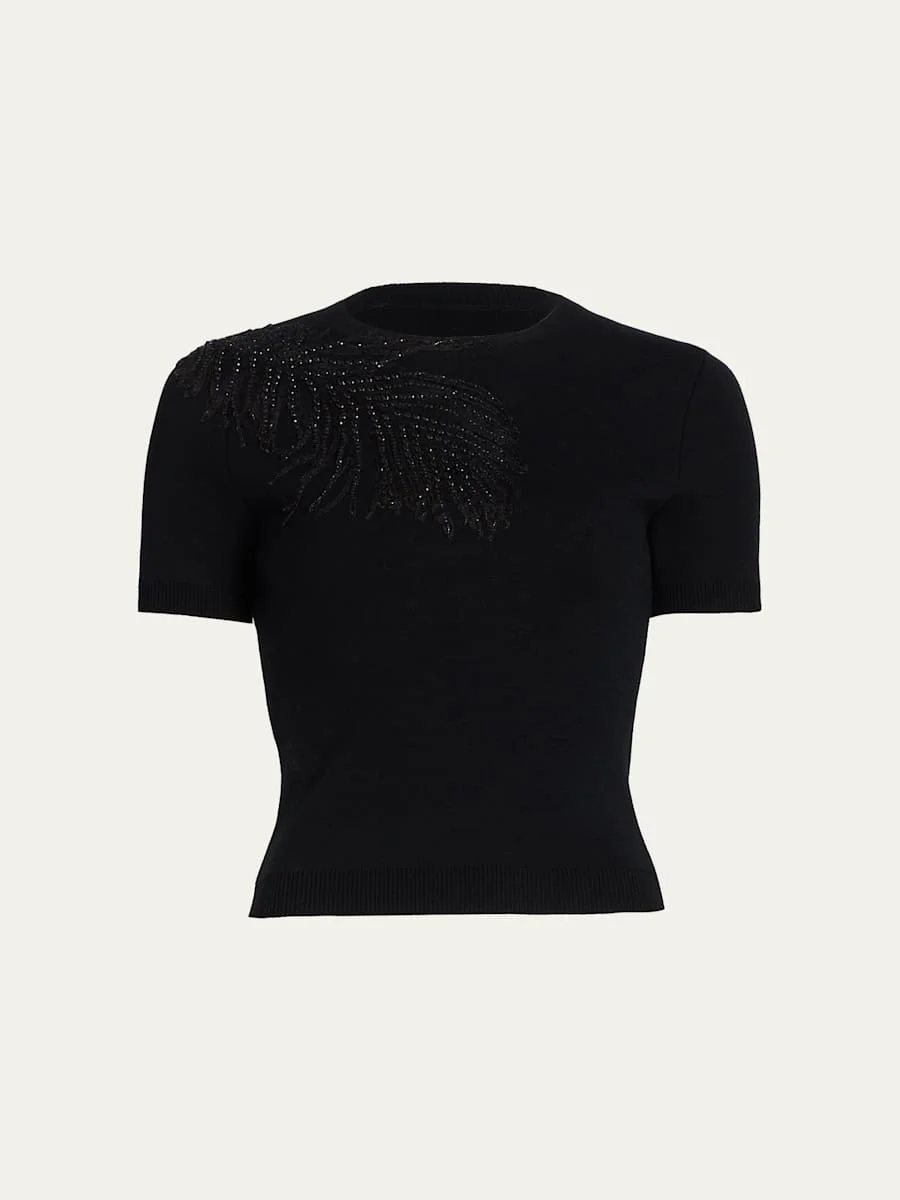 Embroidered Feather Short-Sleeve Sweater - 1