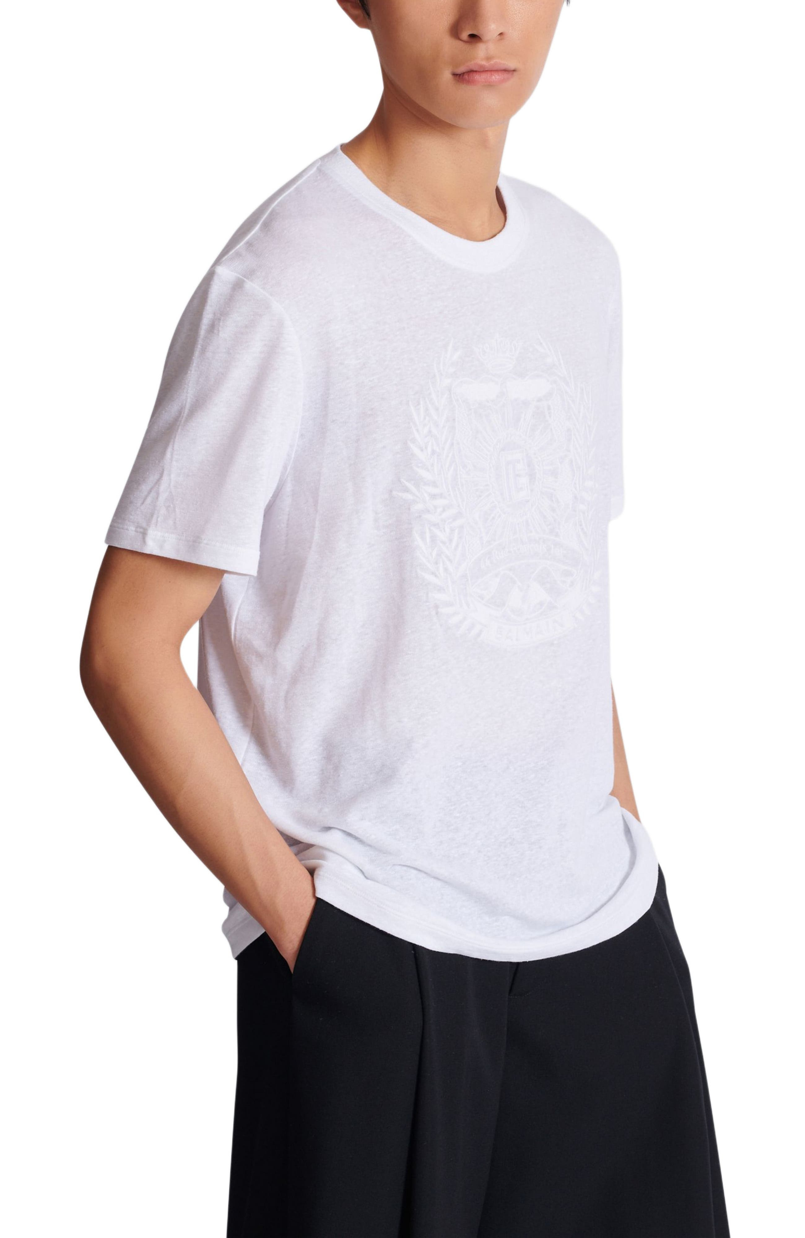 Balmain Écusson embroidered linen T-shirt in White at Nordstrom - 4