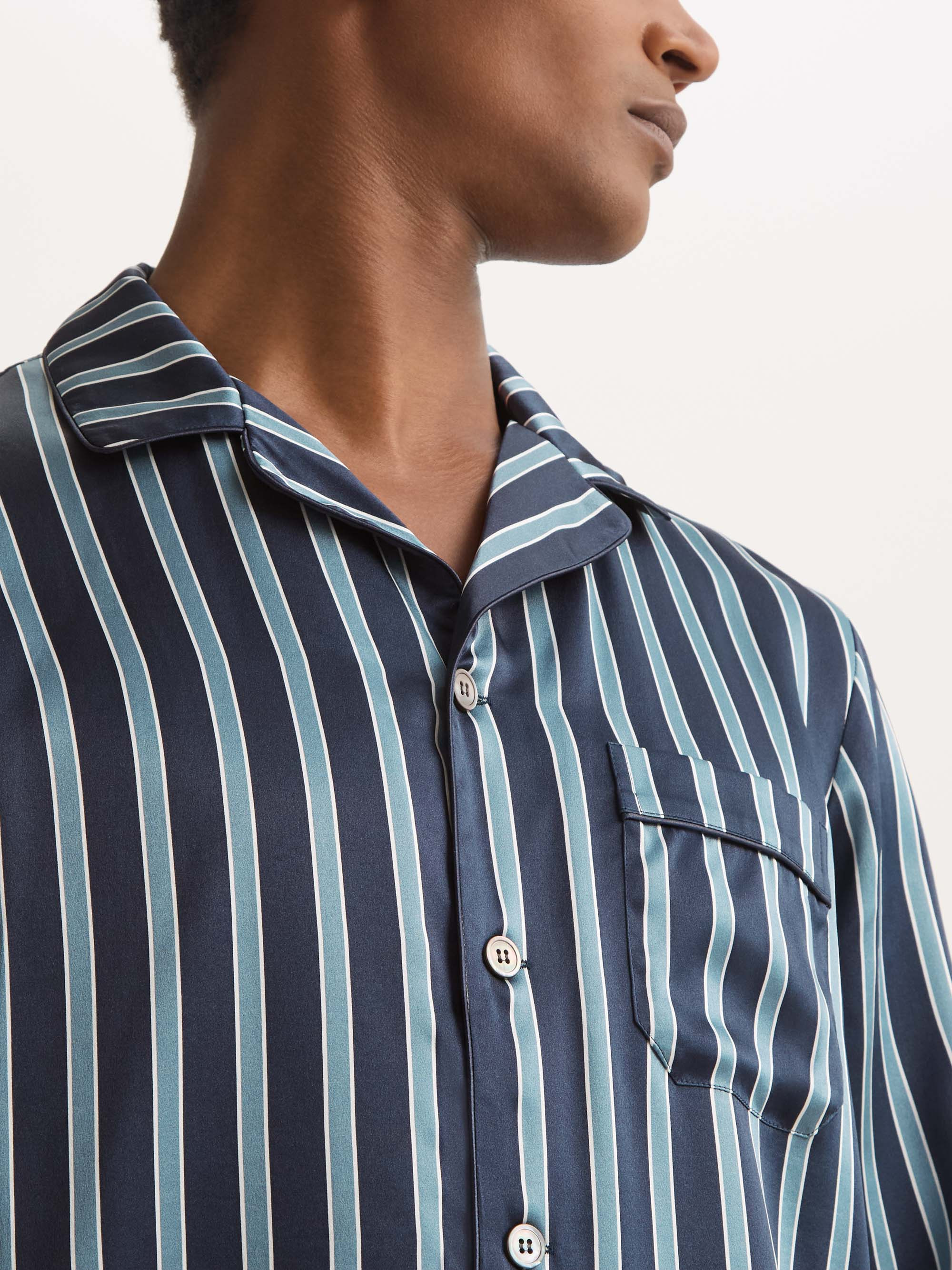 Men's Silk Pajamas Navy Blue & Blue Stripe - 4