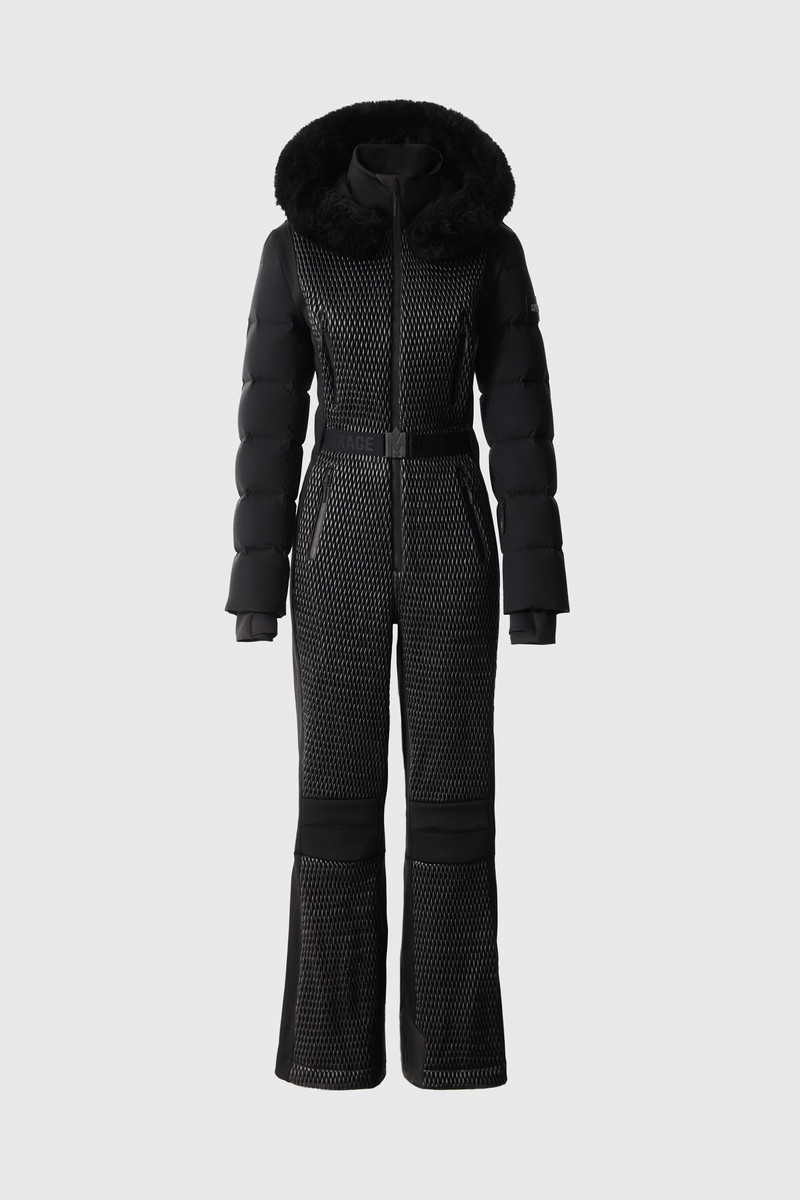 LORELLE Belted Down Ski Suit With Removable Shearling-Trimmed Hood 1
