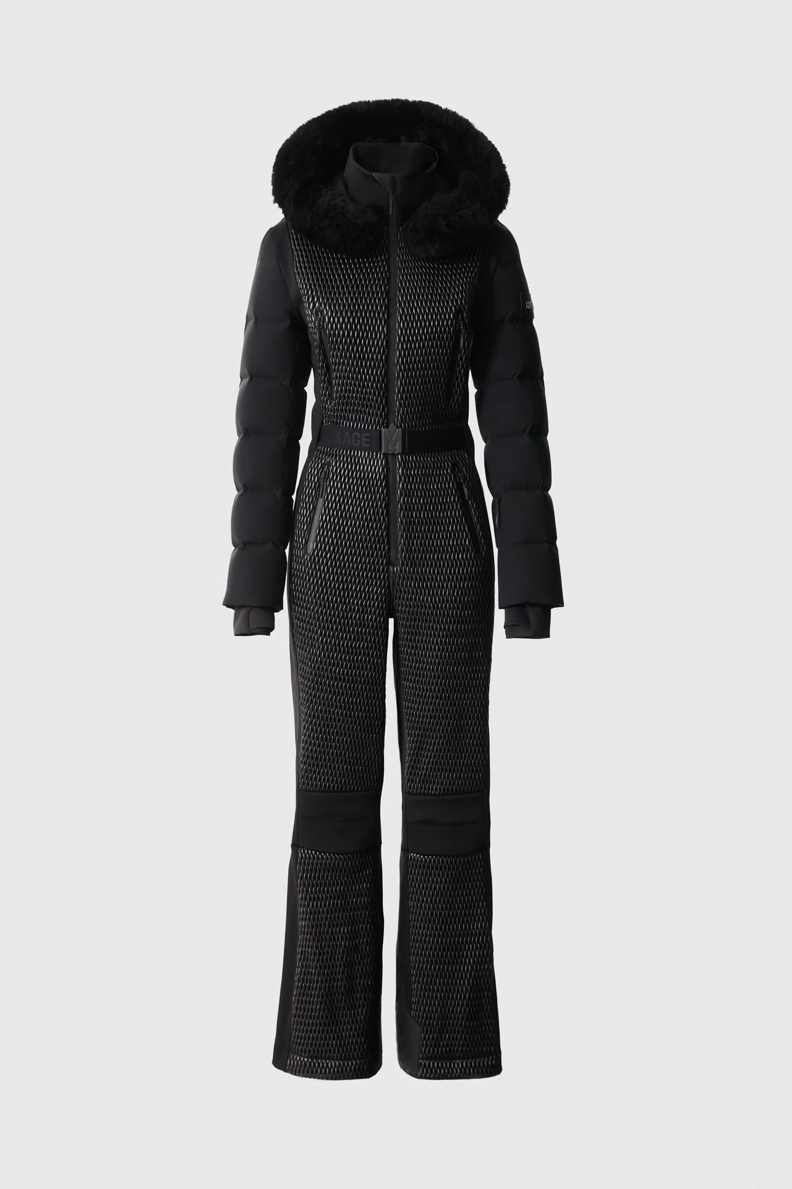 LORELLE Belted Down Ski Suit With Removable Shearling-Trimmed Hood - 1