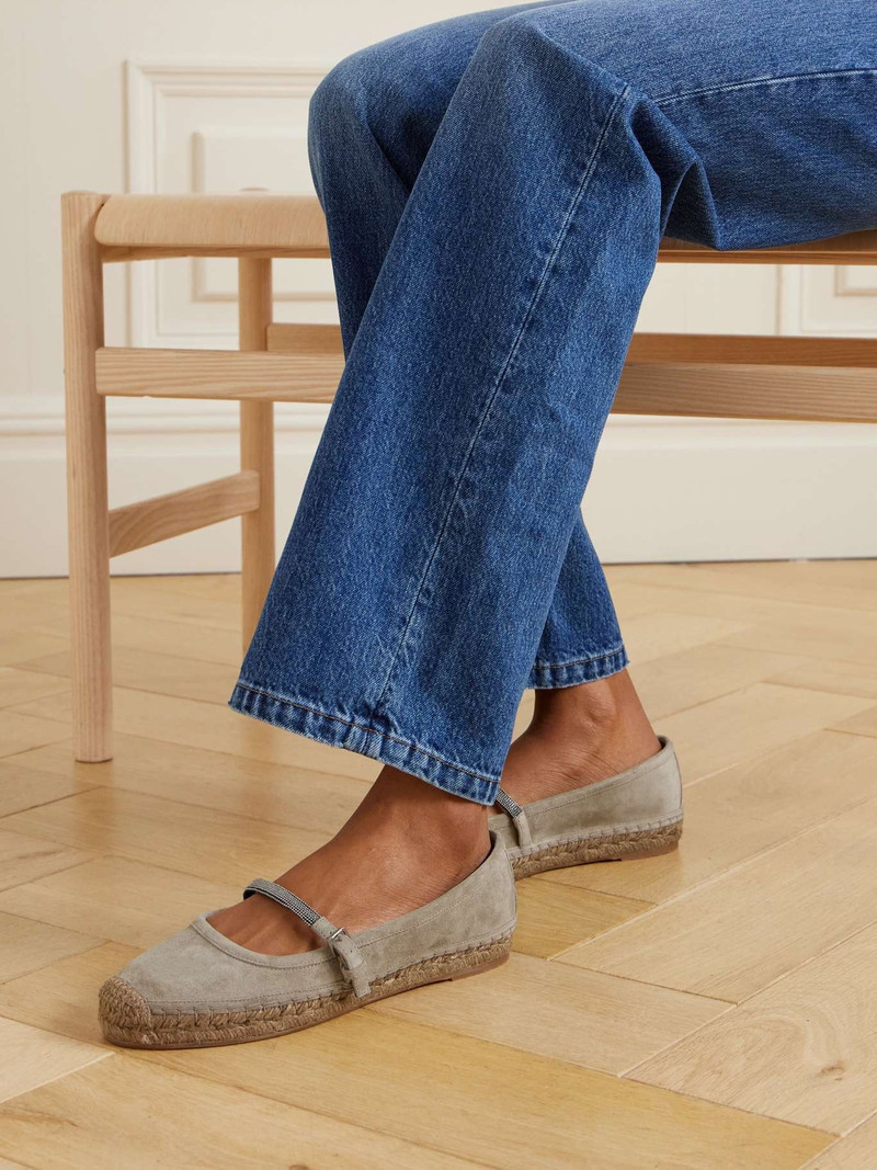Brunello Cucinelli Bead-embellished suede Mary Jane espadrille flats Gray outlook
