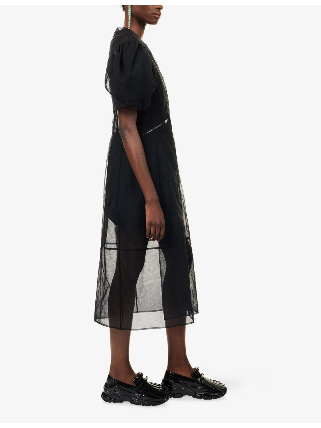Sculpted Petal-Sleeve Sheer Tulle Knee-Length Dress - 3