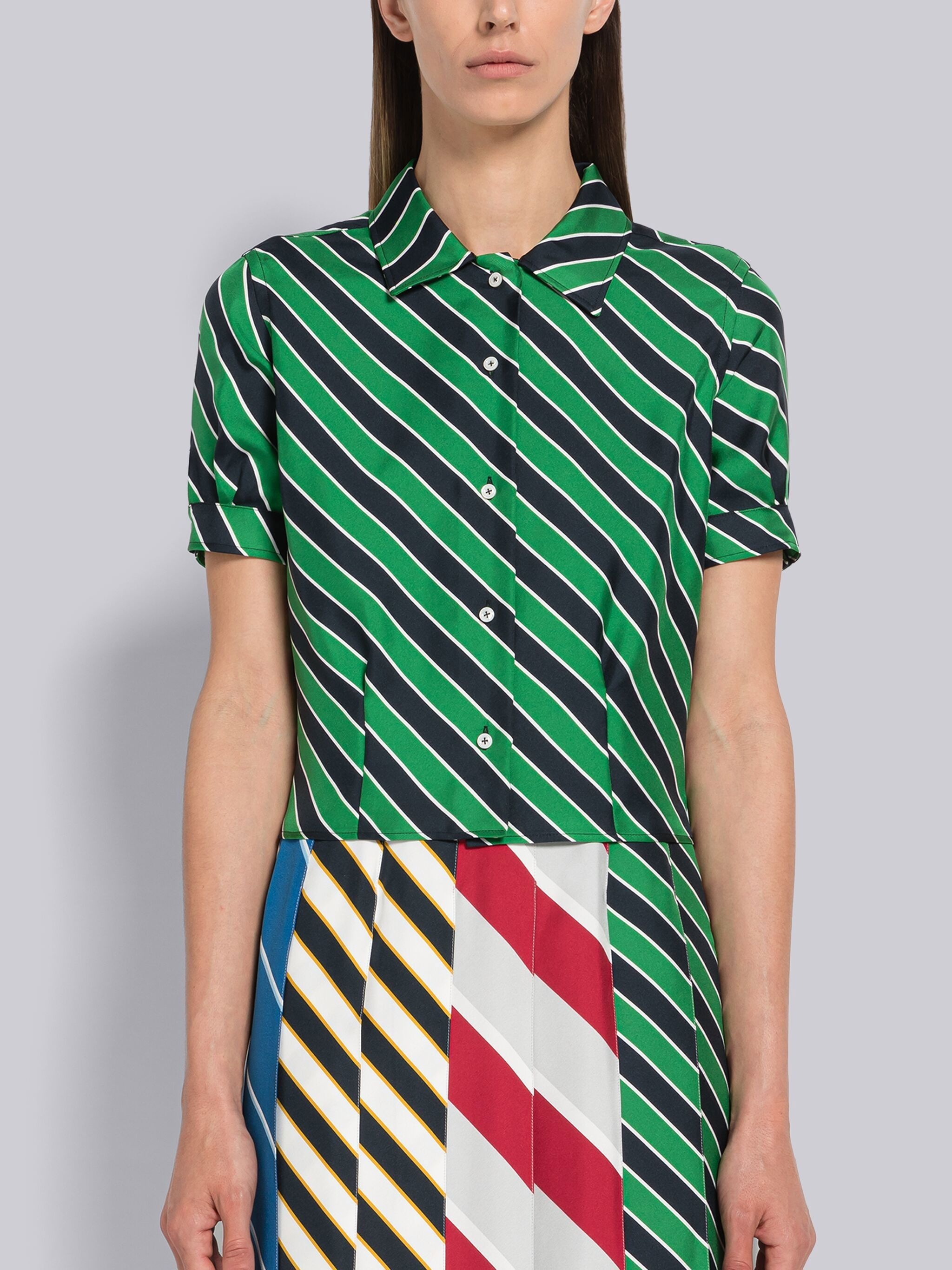 Awning Stripe Silk Short Sleeve Tucked Blouse - 1
