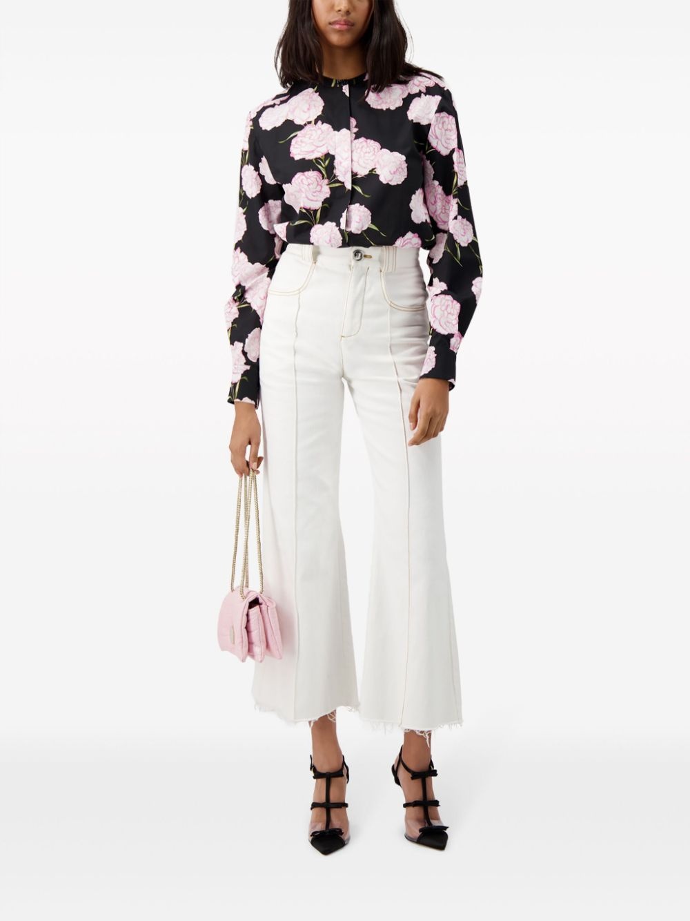 floral-print collarless shirt - 2