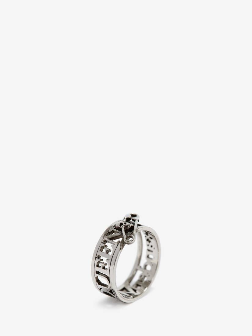 Skull Safety Pin Ring in Antique Silver - 3