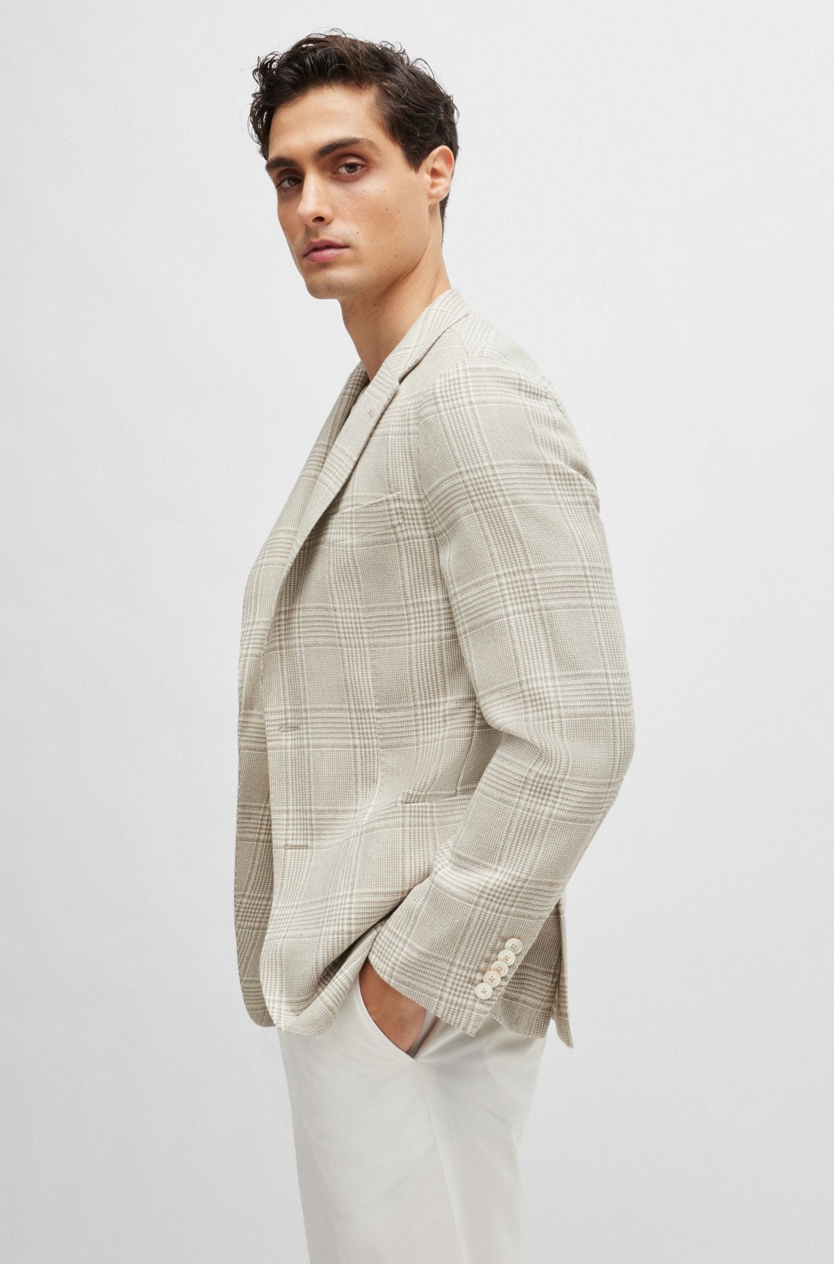 SLIM-FIT JACKET IN CHECKED WOOL, LINEN AND SILK - 6