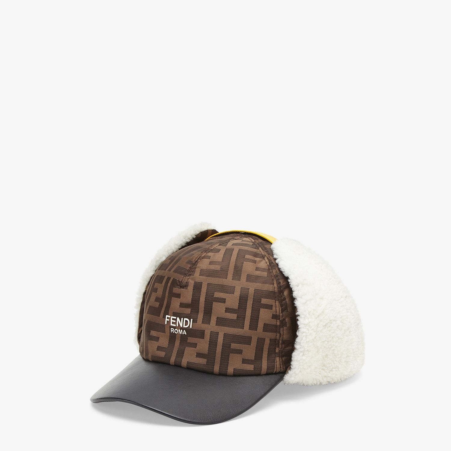 Brown fabric and sheepskin baseball cap - 1