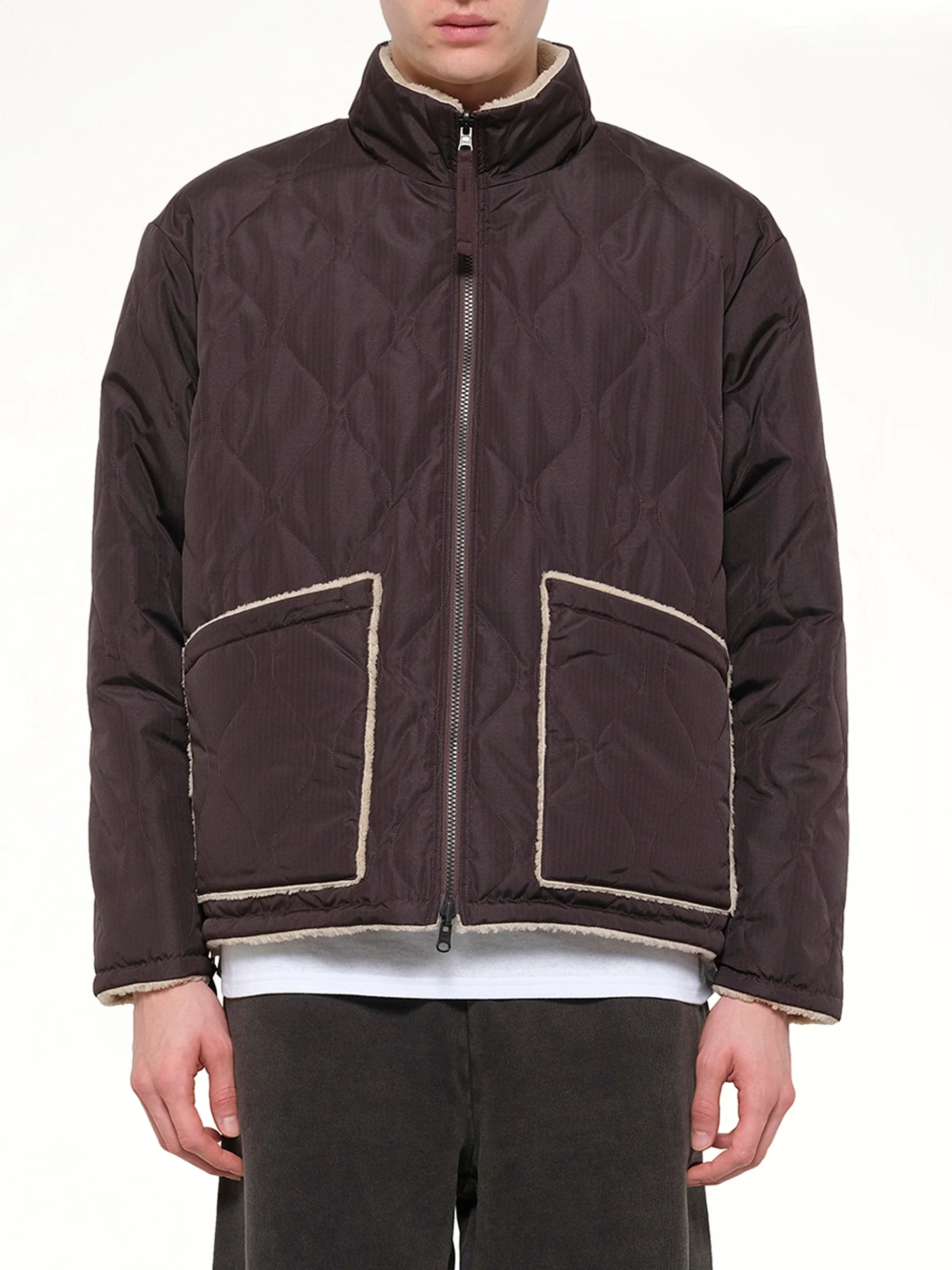 Military Reversible Down Boa Jacket in Dark Chocolate - 1