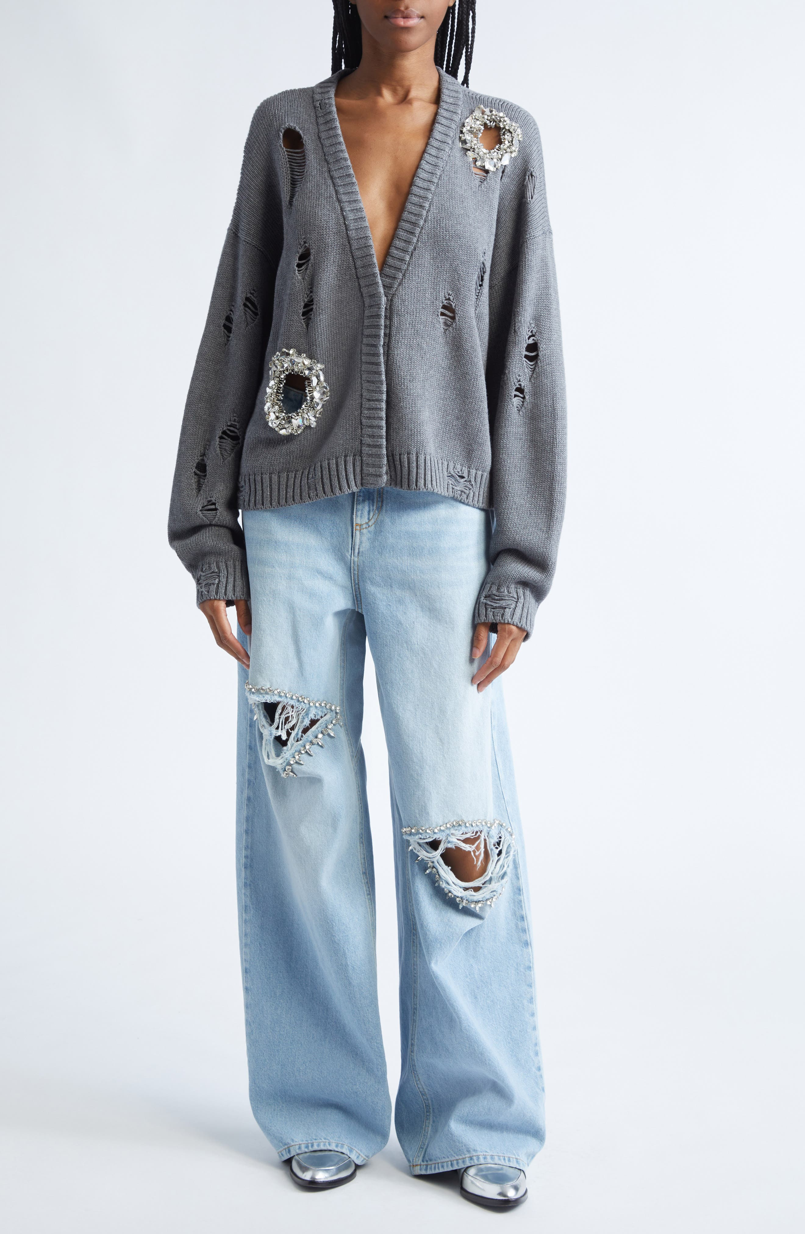 Area Distressed Crystal Cotton & Cashmere Cardigan in Heathered Grey at Nordstrom - 2