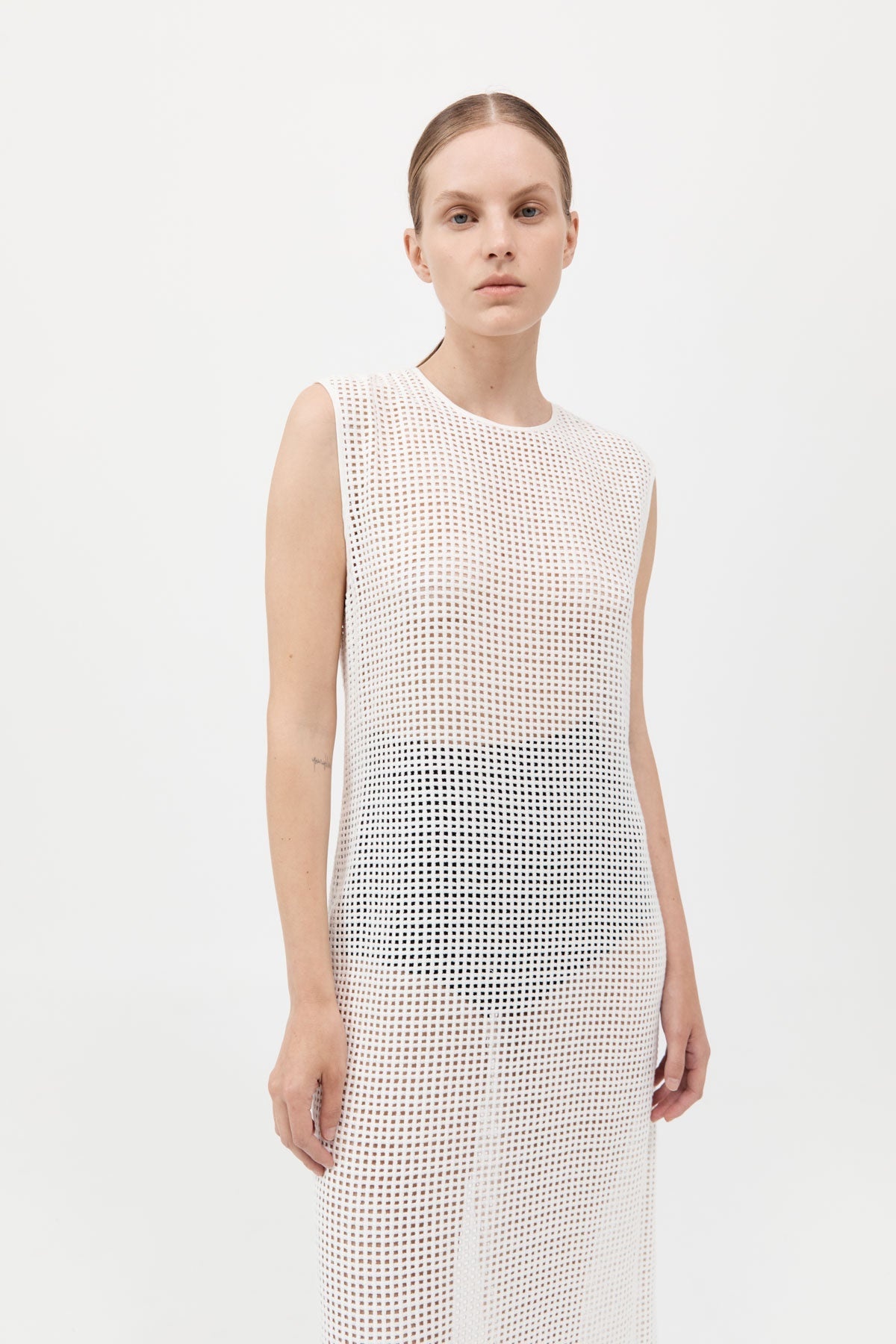 Cotton Grid Dress - White - 3