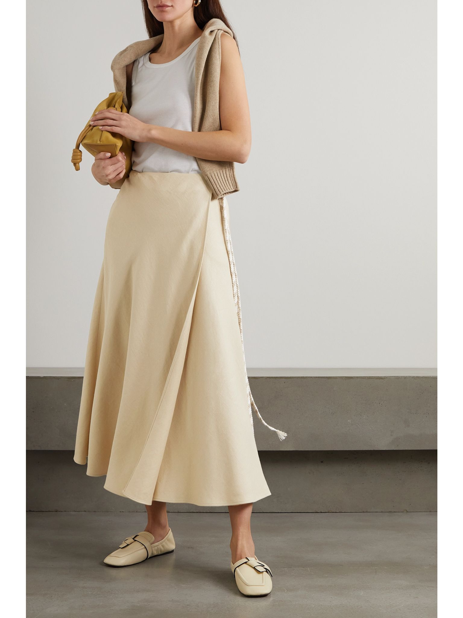 Antigua tie-detailed linen midi wrap skirt Beige - 2