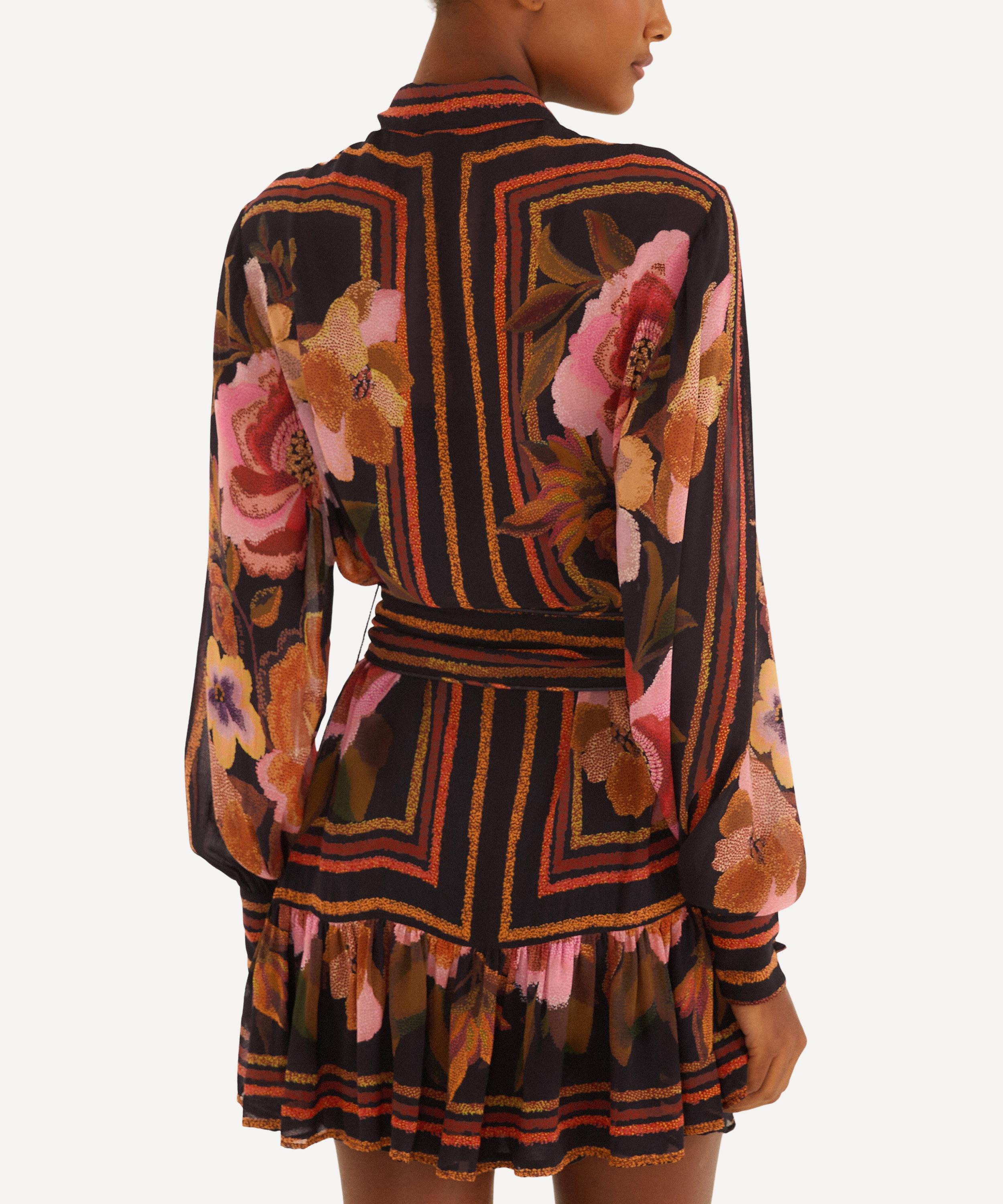 Black Chenille Flowers Belted Long-Sleeve Mini Dress - 2