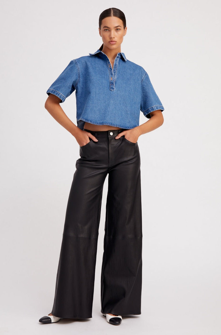 BLACK LEATHER 5 POCKET WIDE LEG - 2
