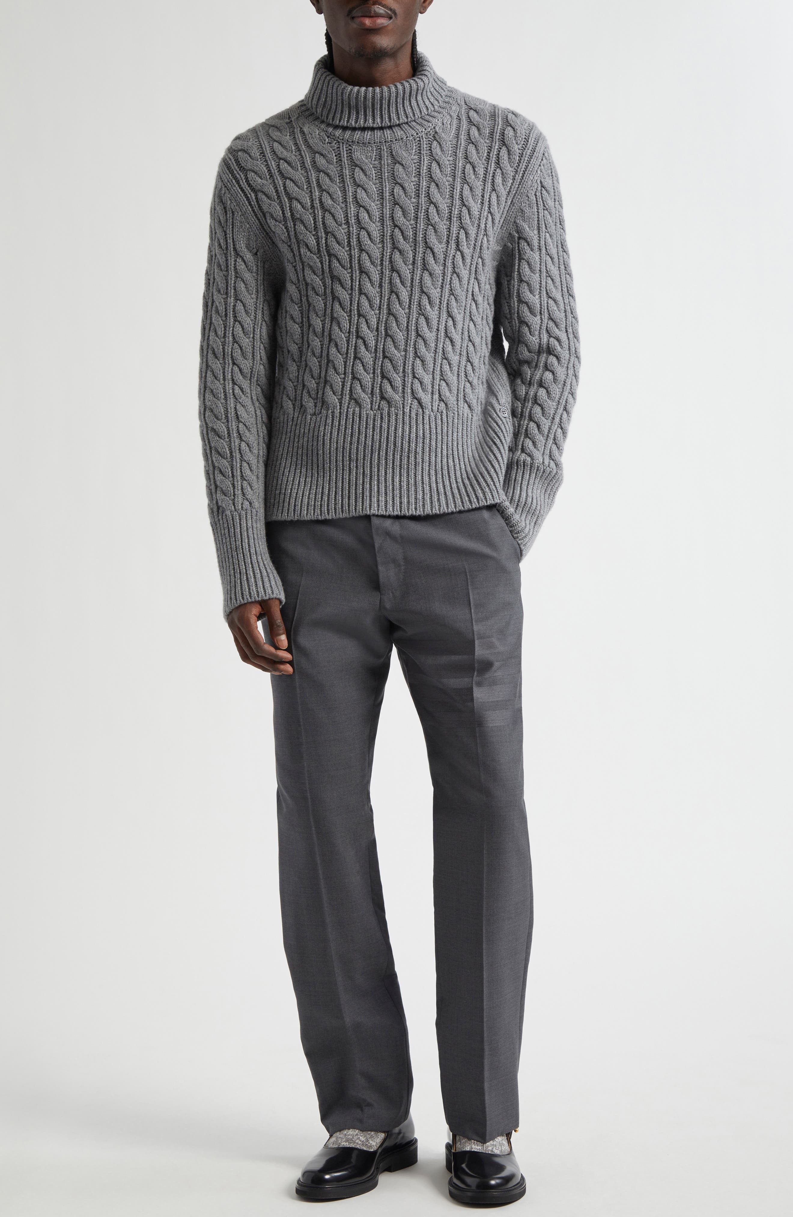 Thom Browne Classic Cable Knit Cashmere Turtleneck Sweater in Light Grey at Nordstrom - 2