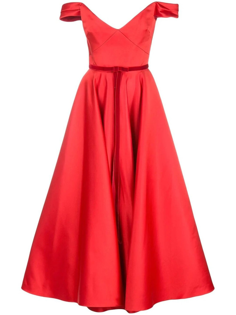 OFF-THE-SHOULDER SATIN CORSET TEA LENGTH MIDI GOWN 5