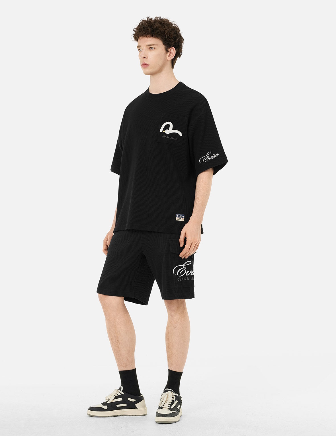 Seagull and Logo Embroidery Oversized Short-Sleeve Waffle Sweatshirt - 3