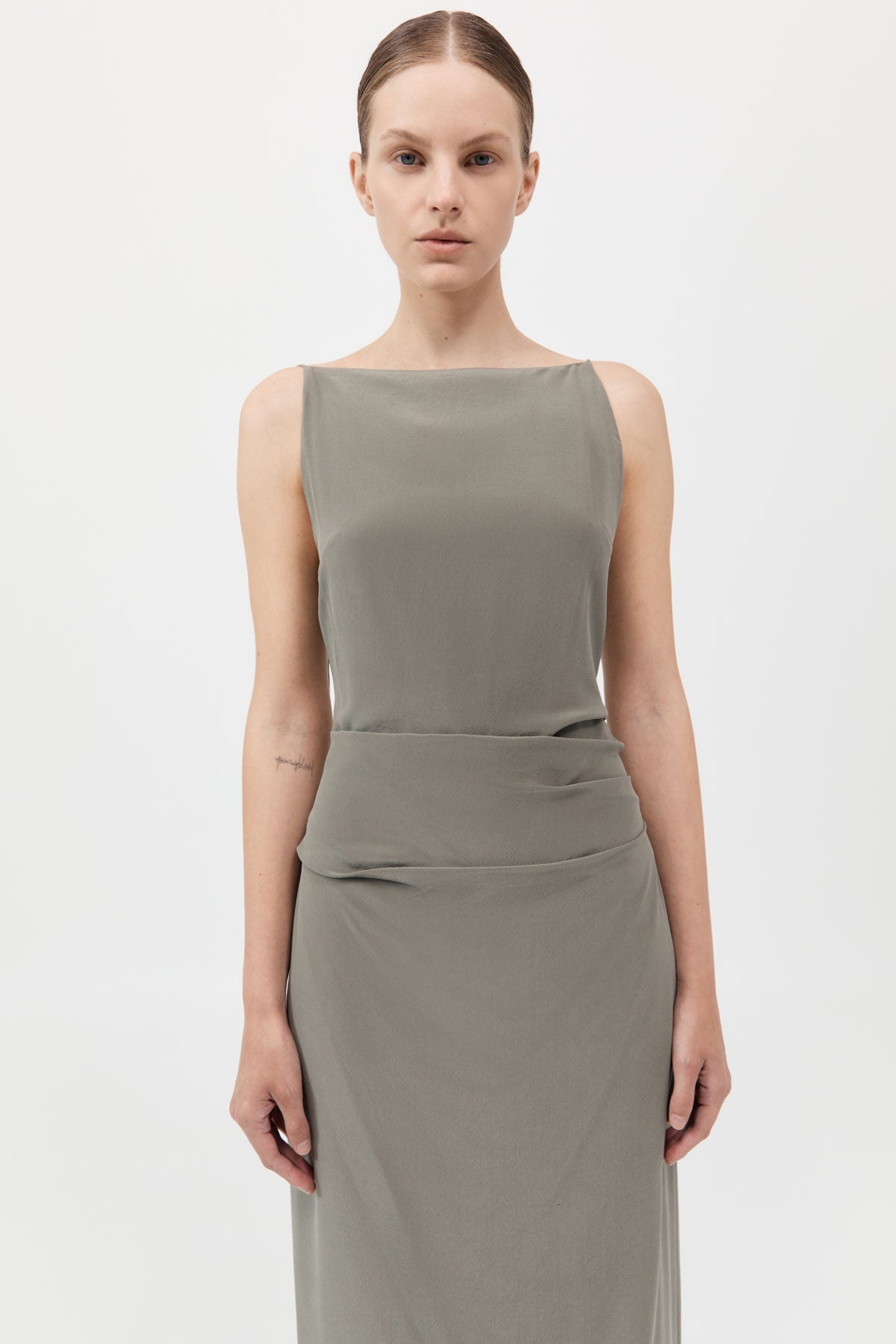 Silk Tuck Dress - Smokey Olive - 3