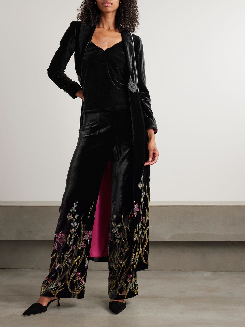 LORETTA CAPONI Cipro embroidered velvet straight-leg pants Black outlook