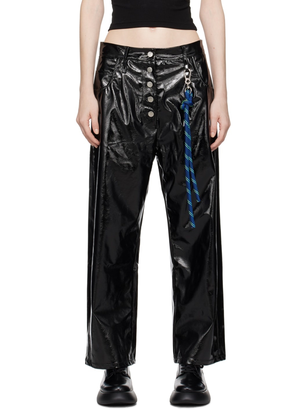 Black Straight-Fit Faux-Leather Trousers - 1