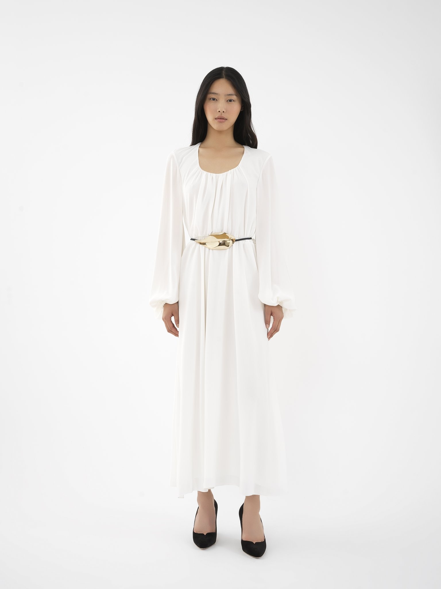 SCOOP-NECK LONG FLARED DRESS - 8
