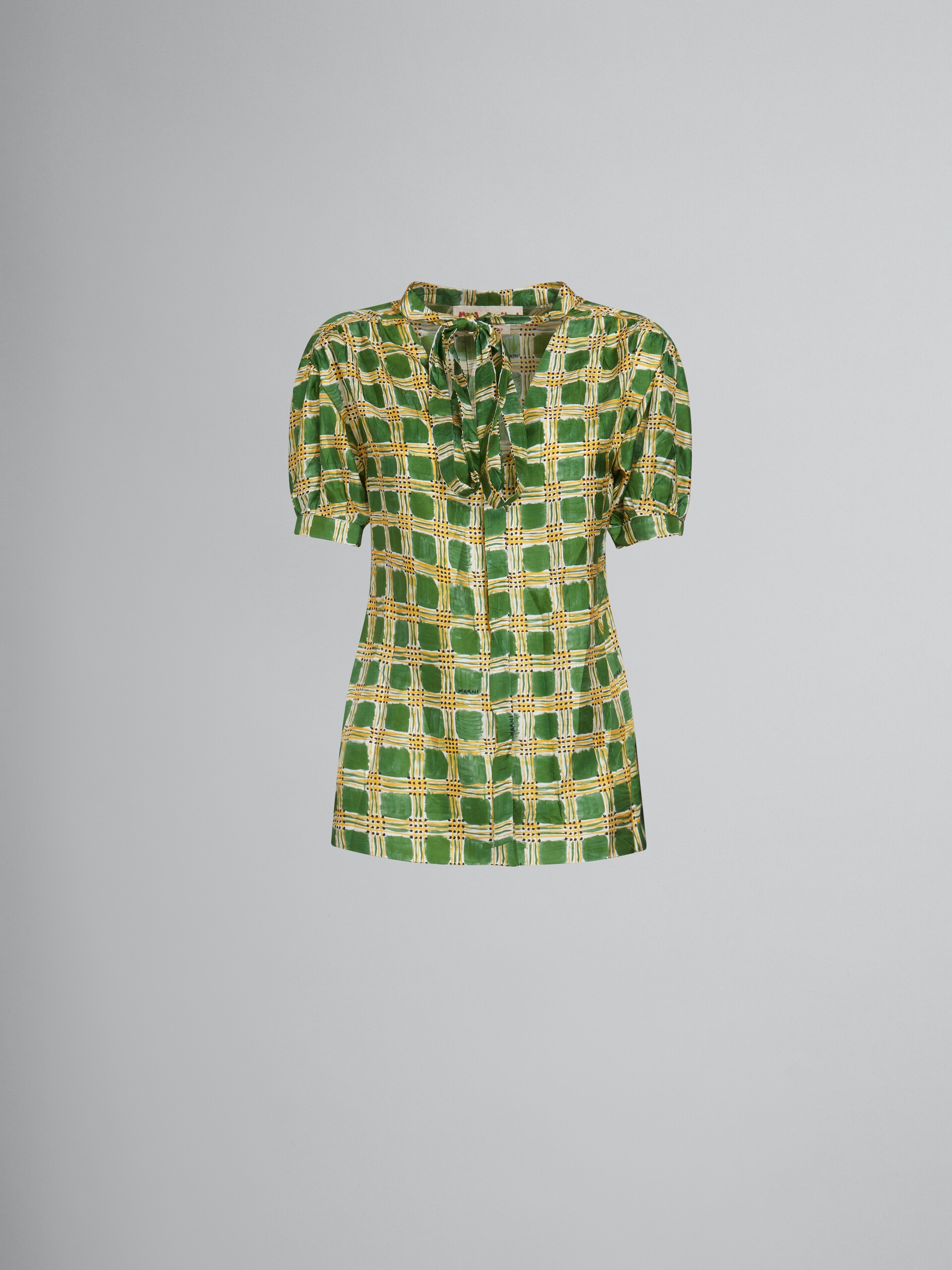GREEN SILK TWILL TOP WITH CHECK FIELDS PRINT - 1