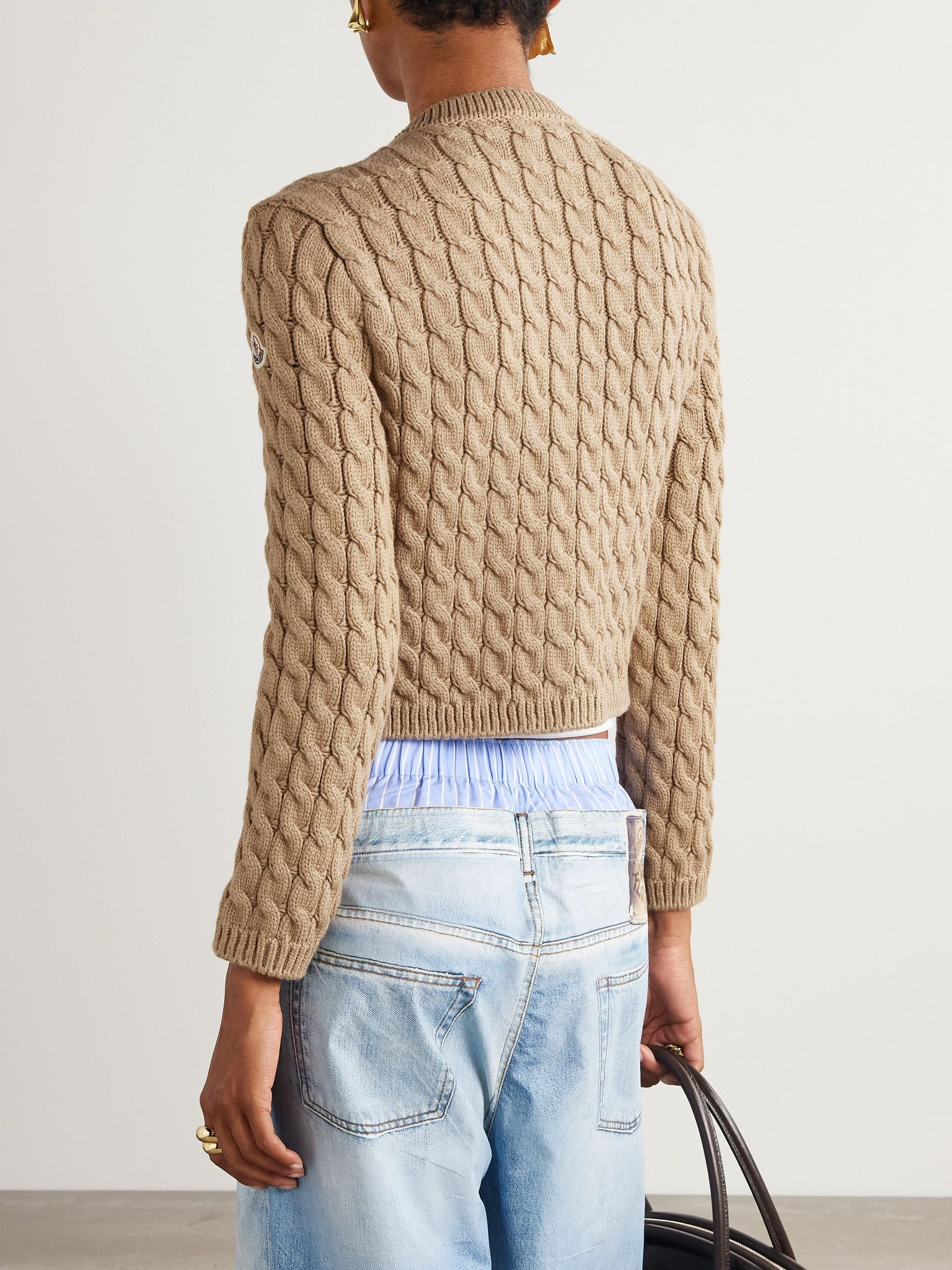Appliquéd cable-knit cotton-blend cardigan Beige - 3