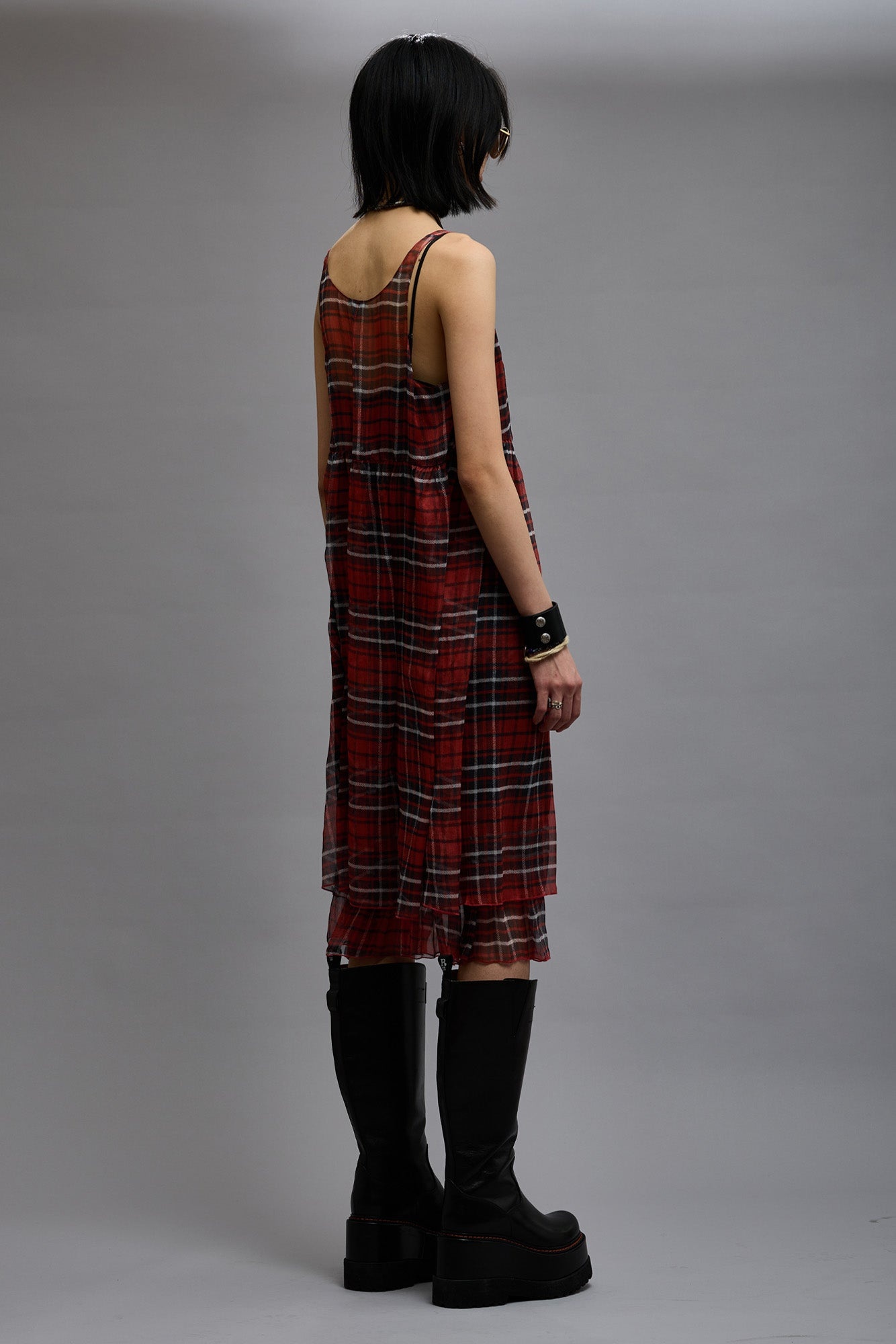 GATHERED TANK DRESS - RED PLAID CHIFFON - 4