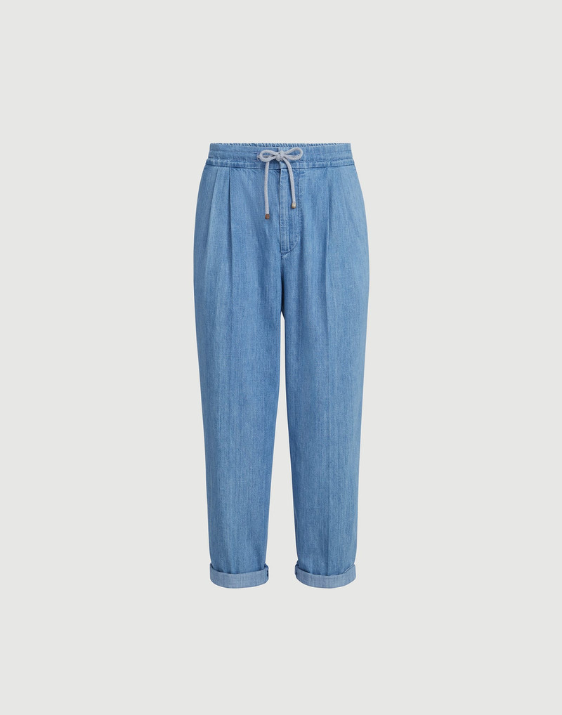 Lightweight denim trousers with drawstring and double pleats 1