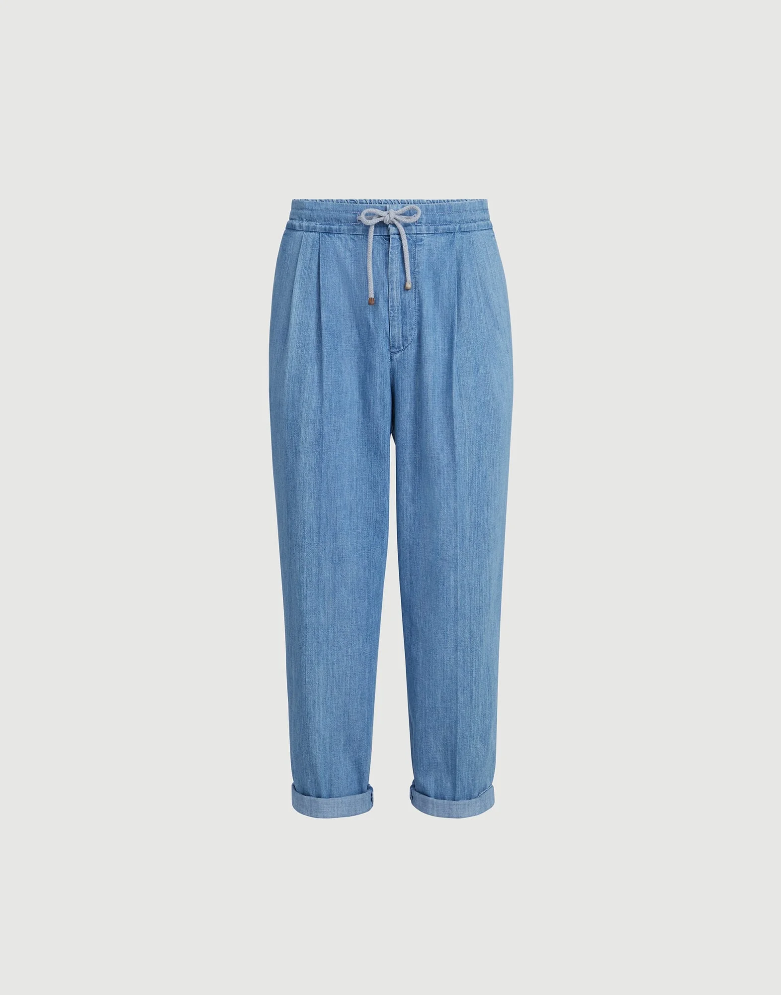 Lightweight denim trousers with drawstring and double pleats - 1