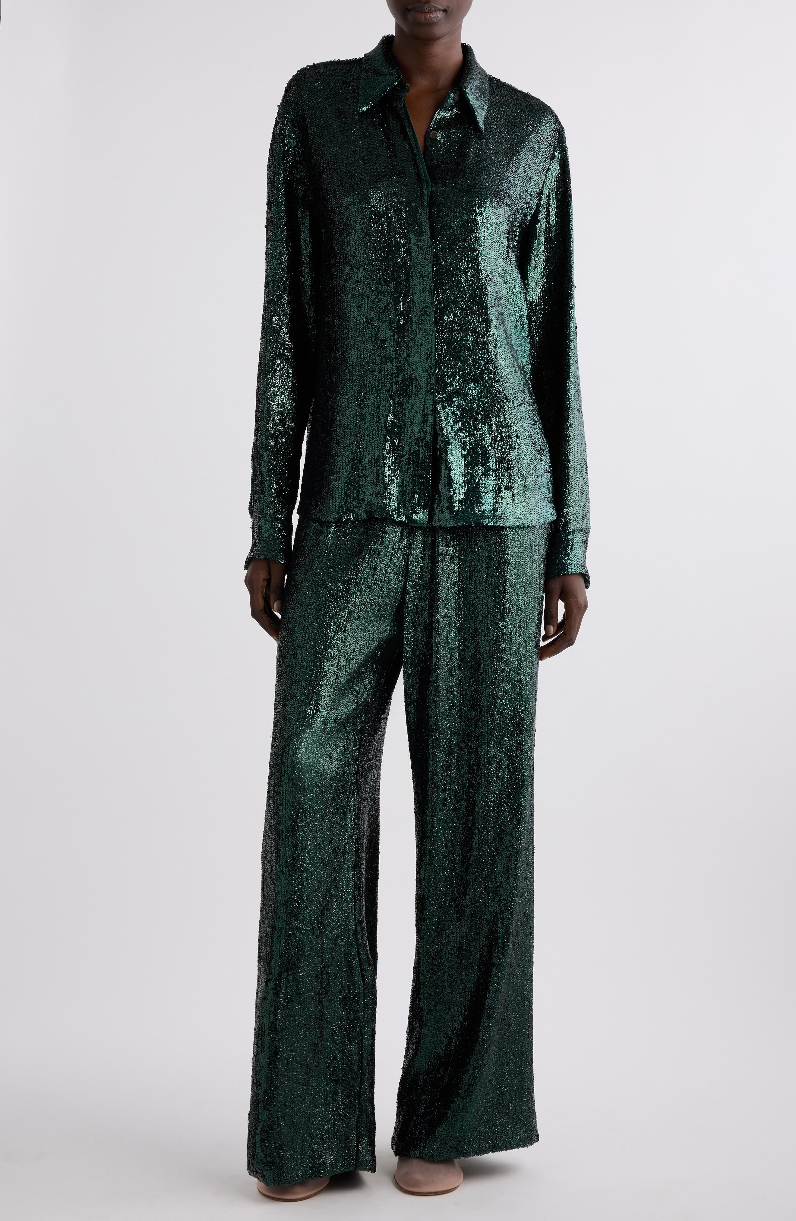 Dries Van Noten Chowy Sequin Button-Up Shirt in Bottle at Nordstrom - 2