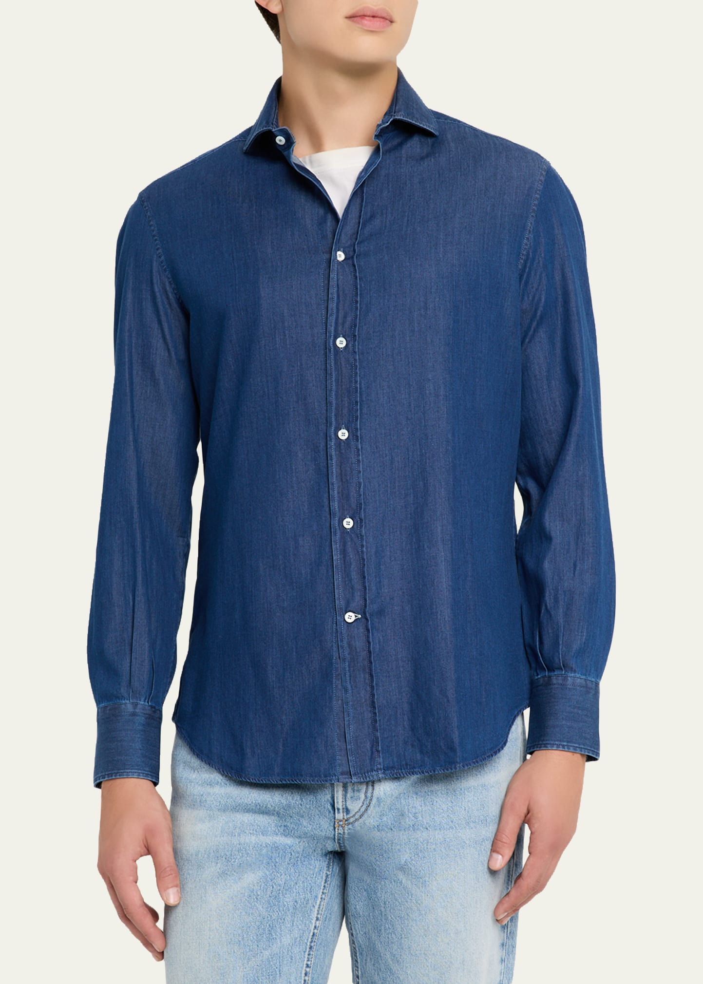 Men's Denim Spread Collar Button-Down Shirt - 4