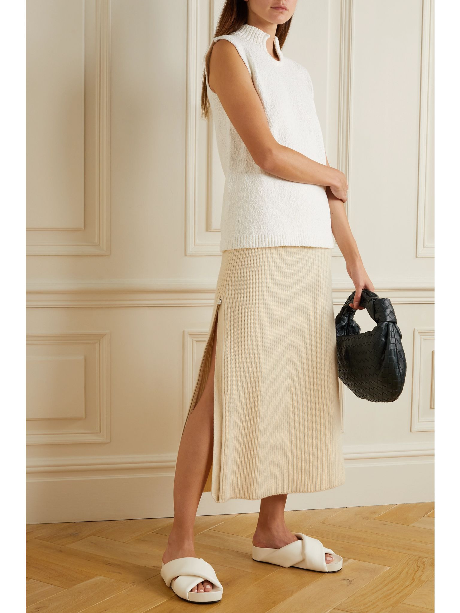 Davenport zip-embellished ribbed cashmere midi skirt Cream - 2
