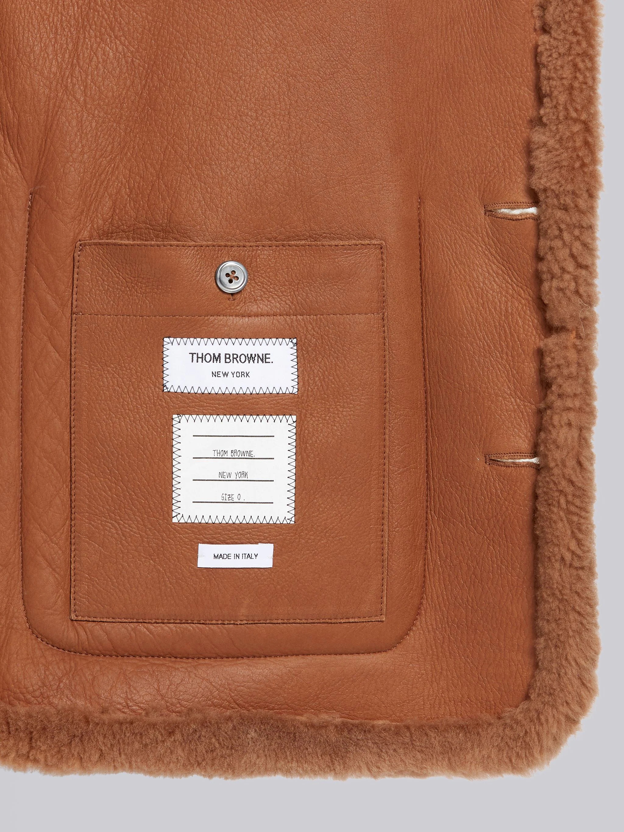 Camel Dyed Shearling Round Collar 4-Bar Patch Pocket Sack Jacket - 6