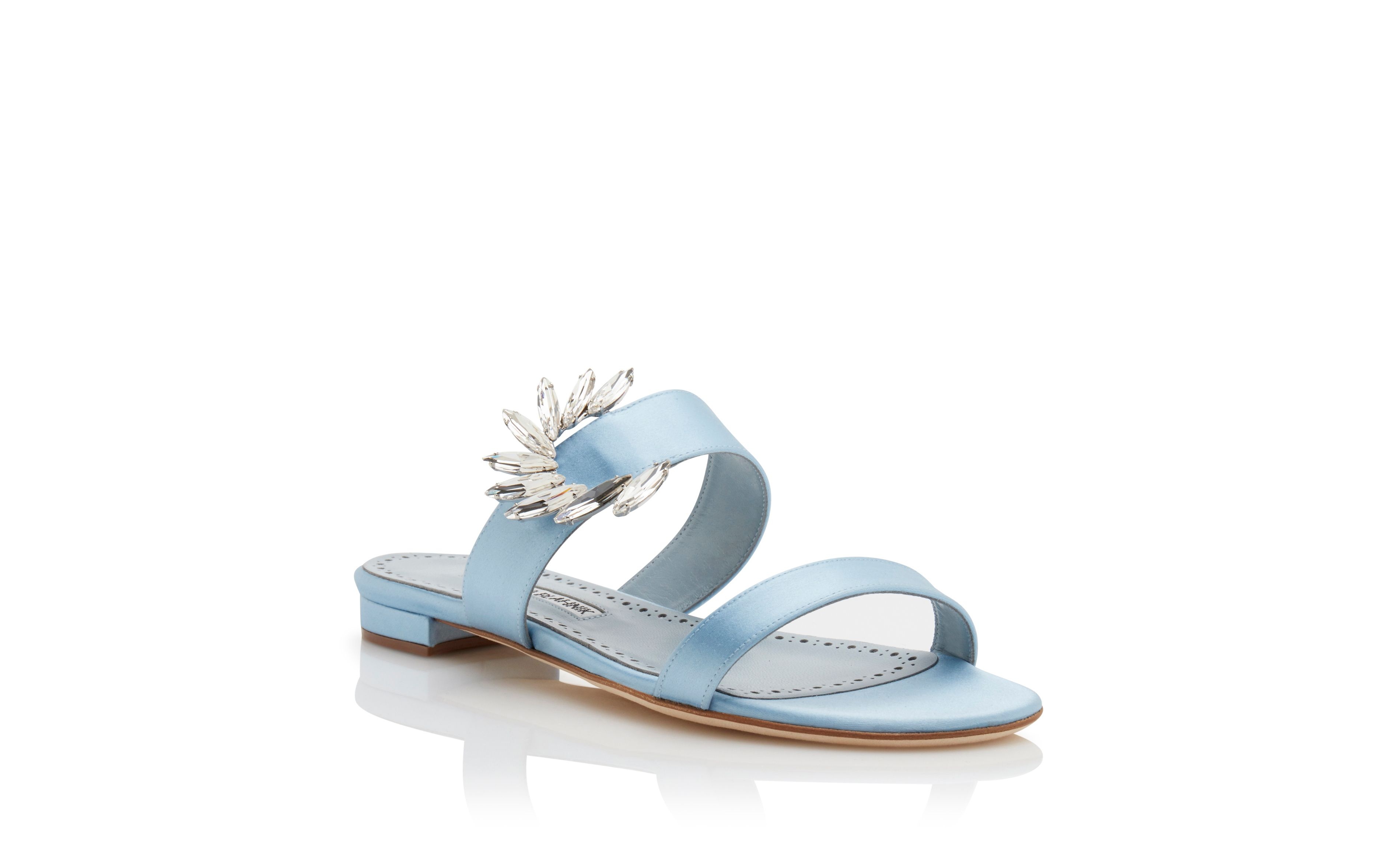 Light Blue Satin Embellished Flat Mules - 3