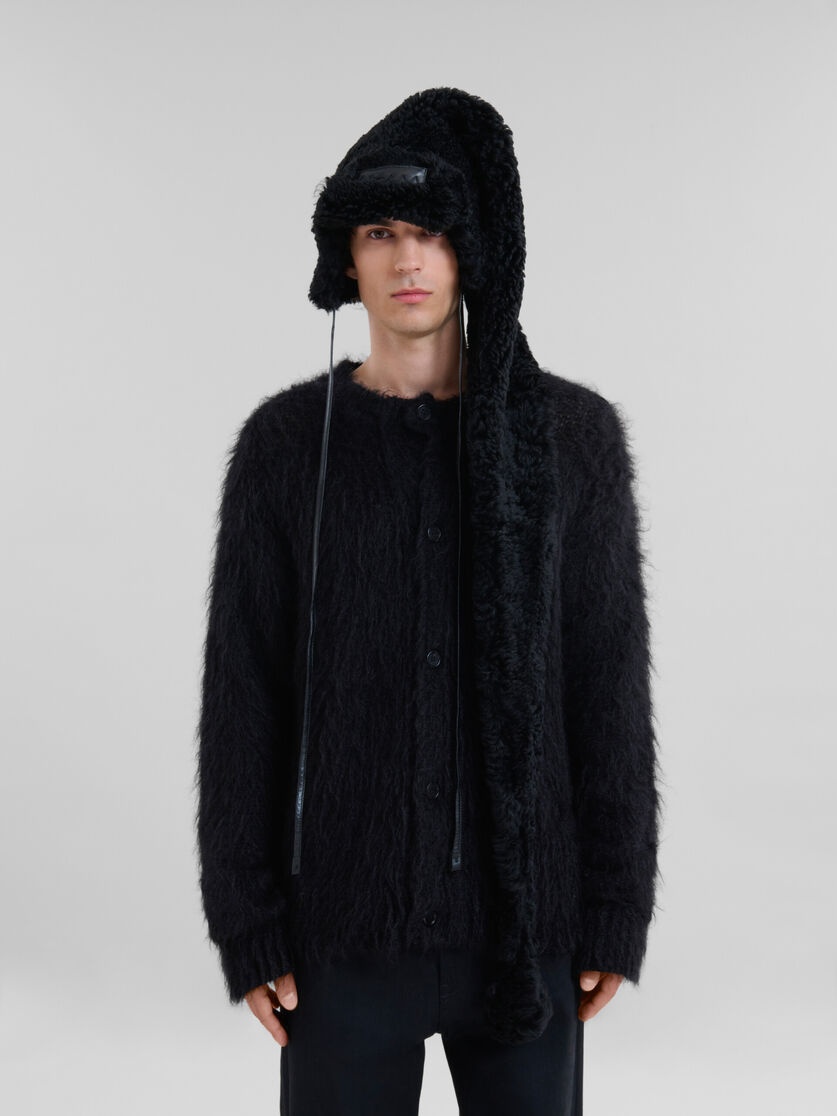 BLACK CURLY SHEARLING BEANIE - 2