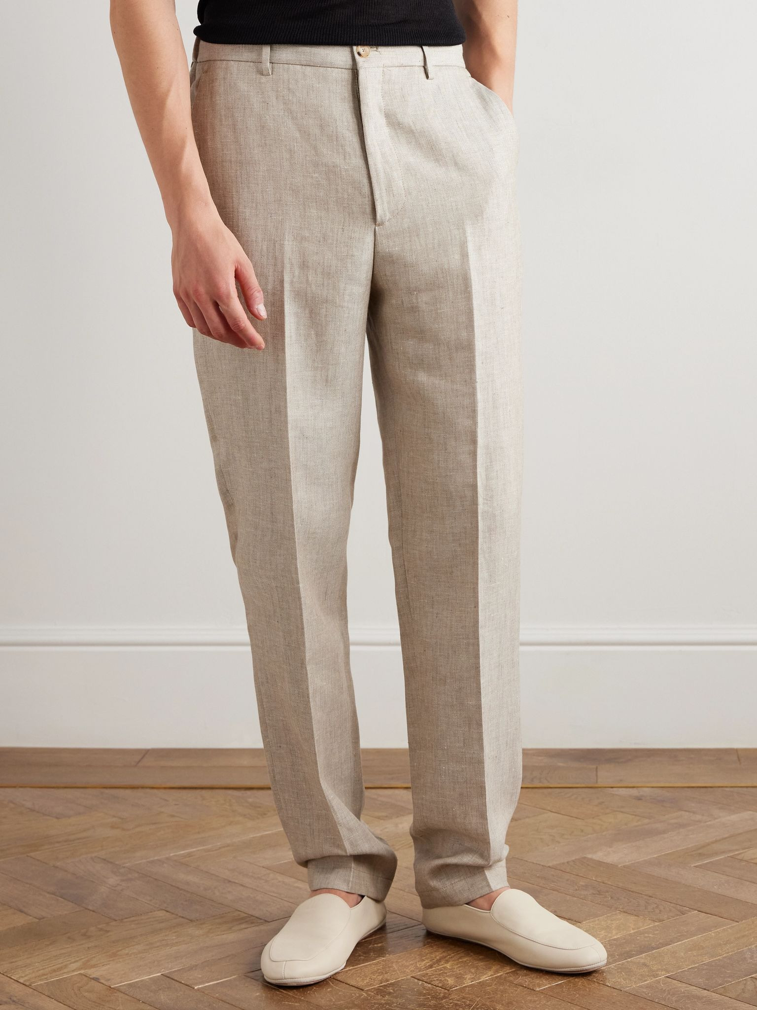 Tapered Linen and Wool-Blend Trousers Beige - 3