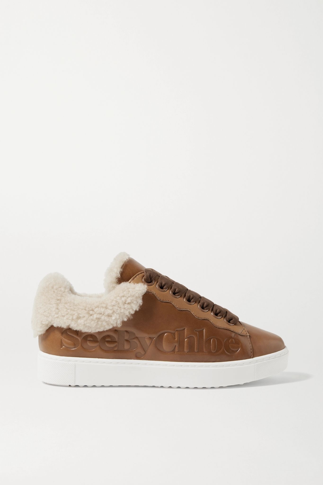 Shearling-trimmed logo-debossed leather sneakers - 1