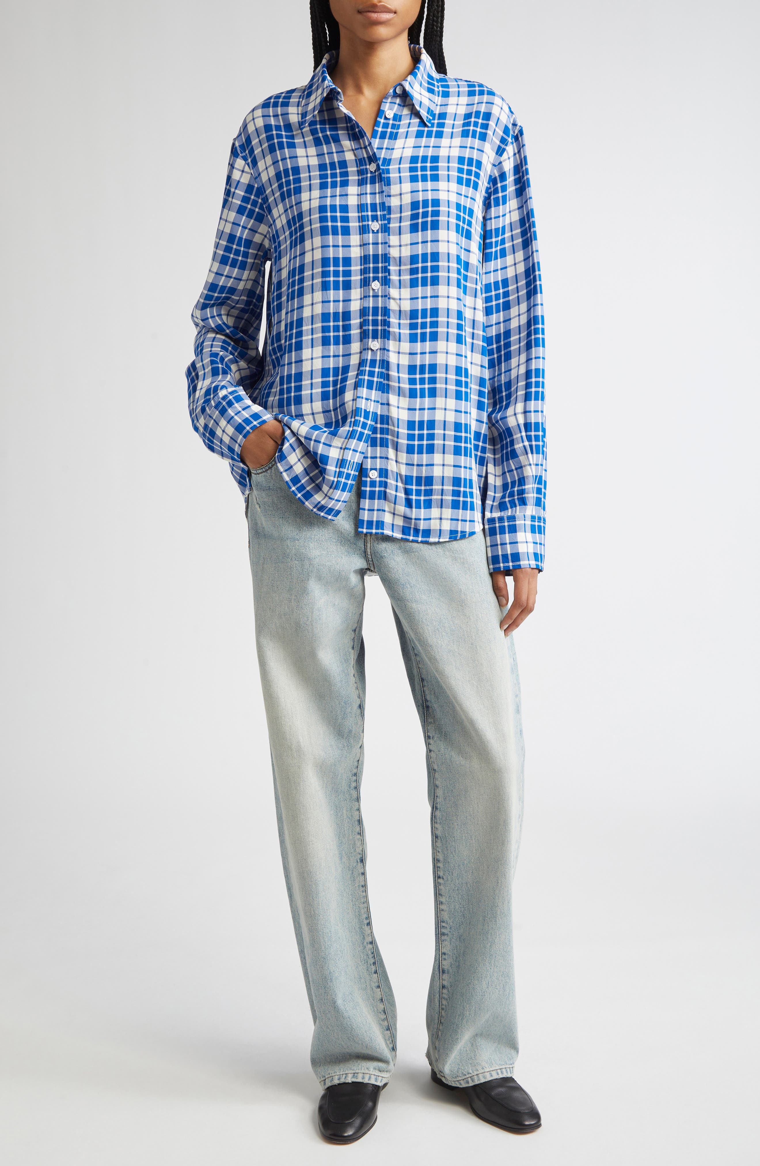 Proenza Schouler Bronwen Plaid Hammered Viscose Button-Up Shirt in Cobalt Multi at Nordstrom - 2
