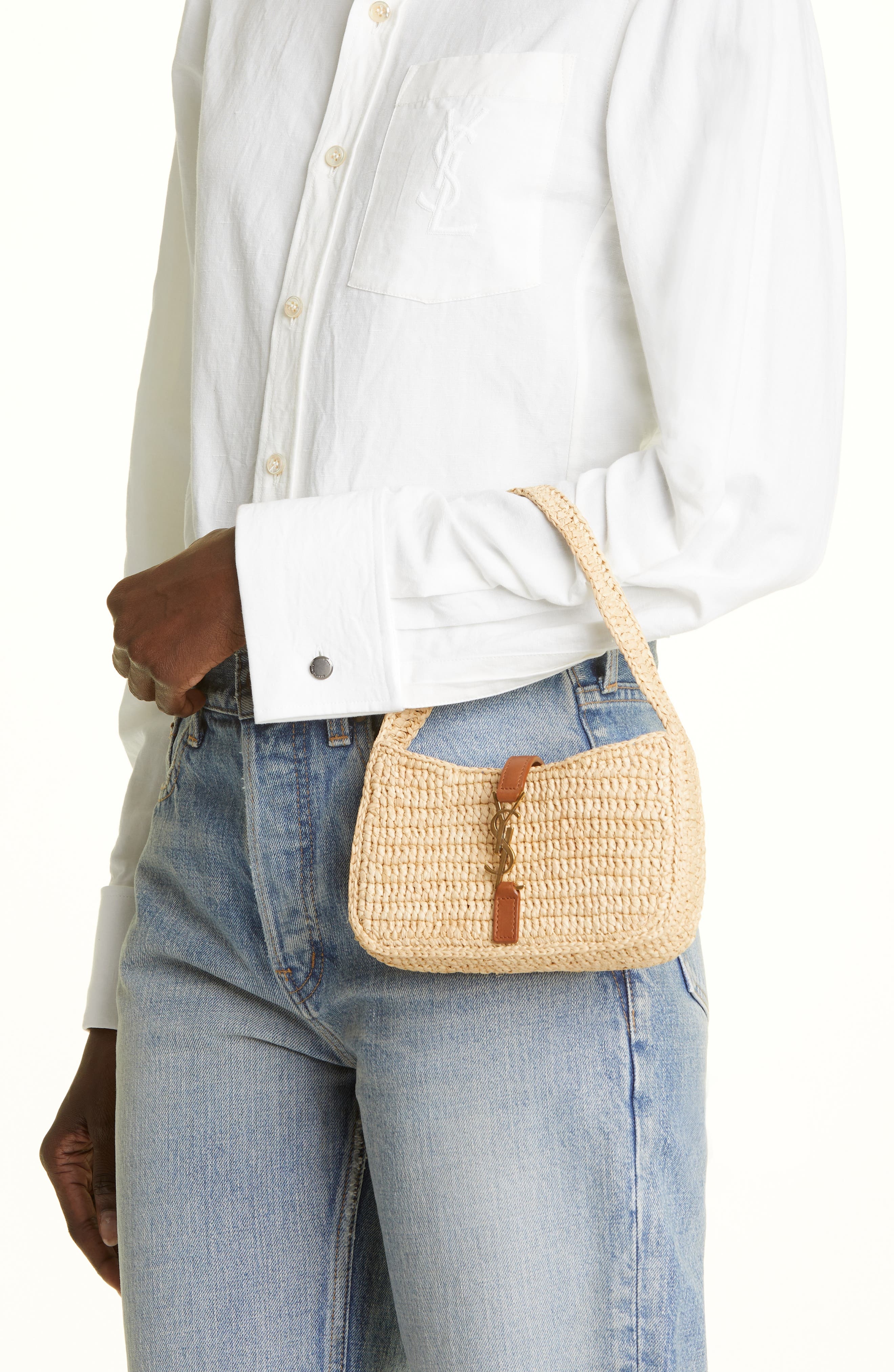 Saint Laurent Mini Le 5 à 7 Raffia Hobo in Natural/Brick at Nordstrom - 2