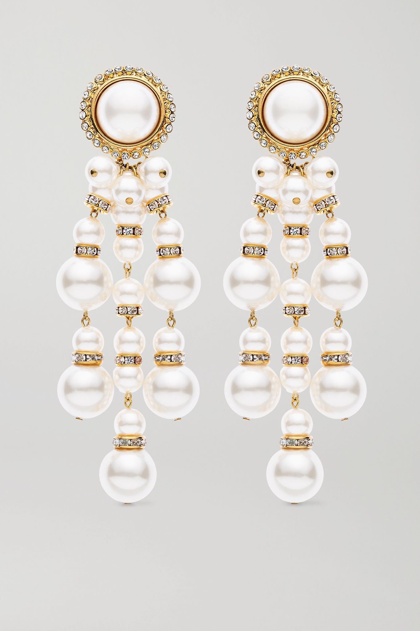 Oversized gold-plated, faux pearl and crystal clip earrings - 1