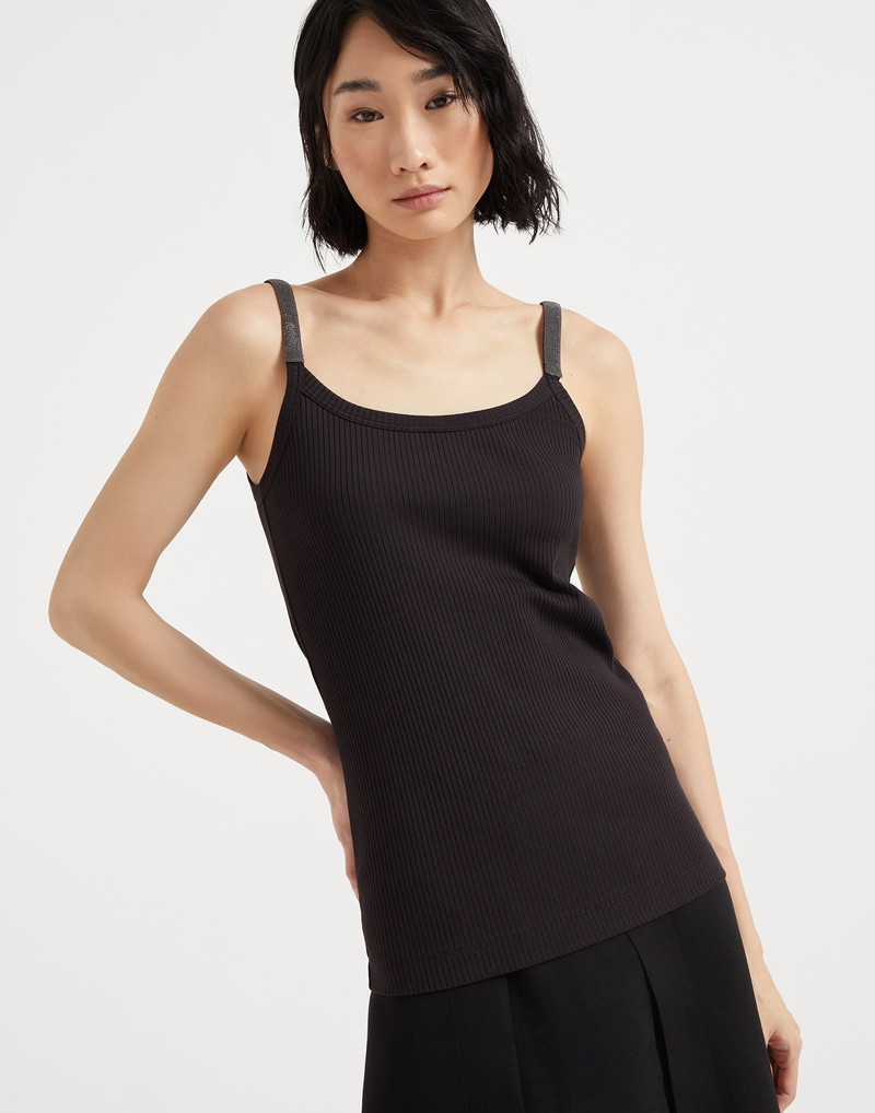 Stretch cotton ribbed jersey top with precious straps - 1