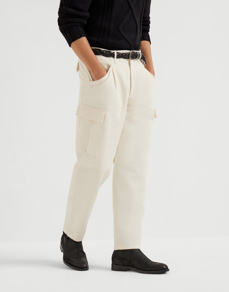 Cotton and virgin wool gabardine leisure fit trousers with cargo pockets 1