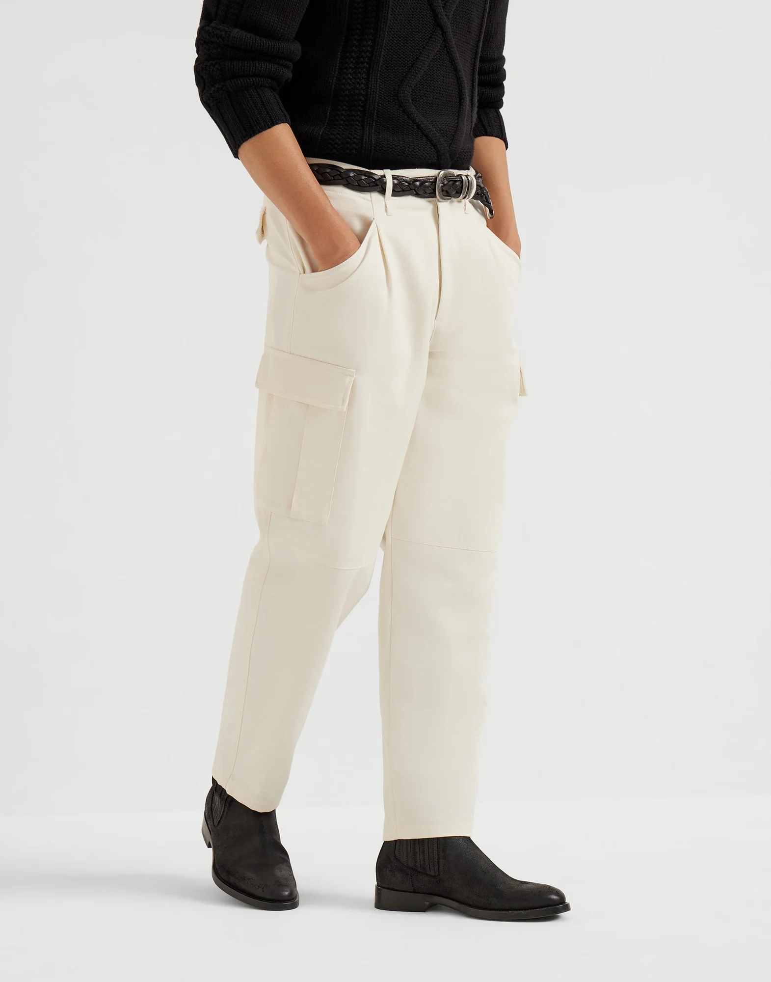 Cotton and virgin wool gabardine leisure fit trousers with cargo pockets - 1