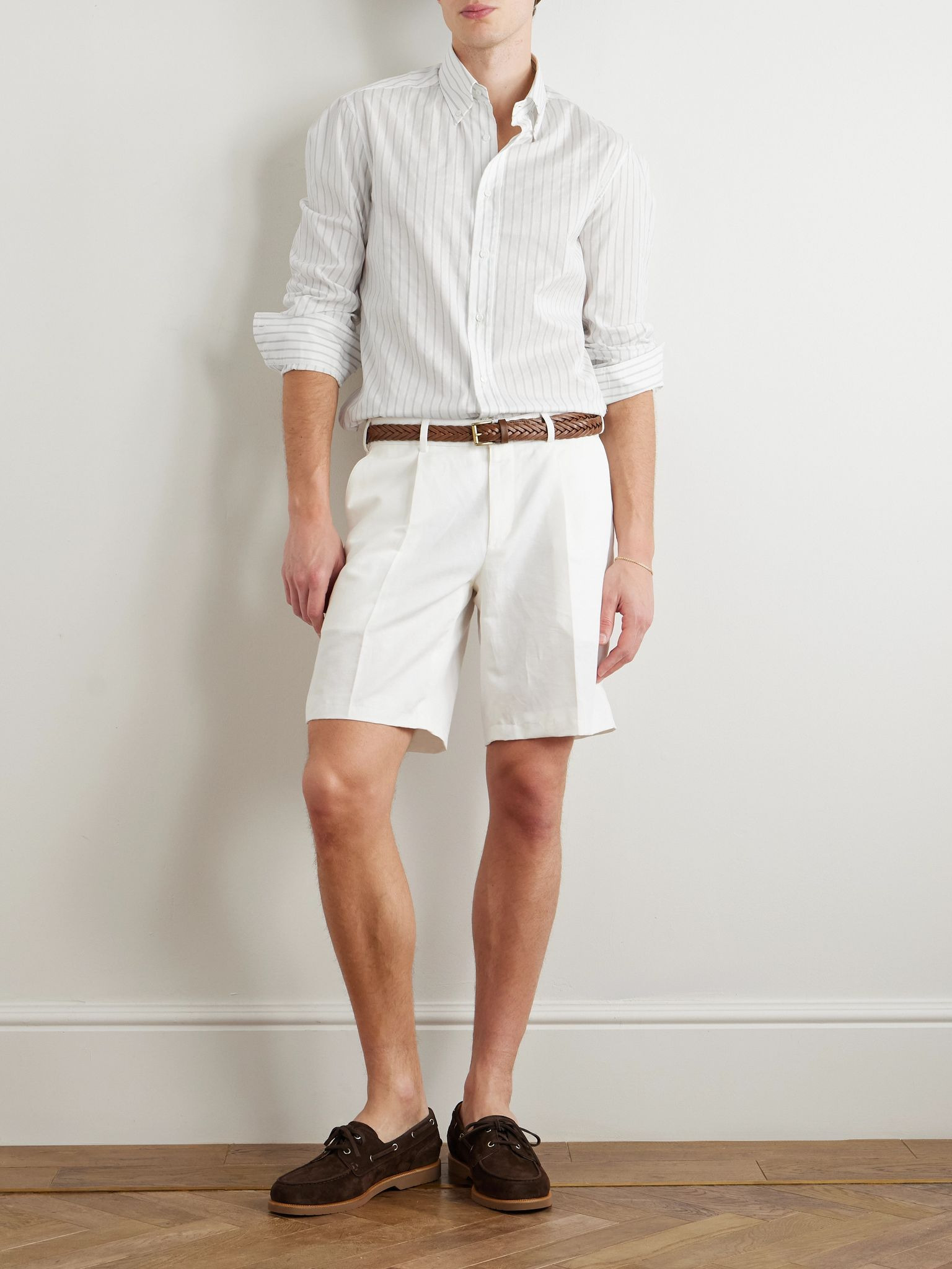 Button-Down Collar Striped Cotton Shirt White - 2